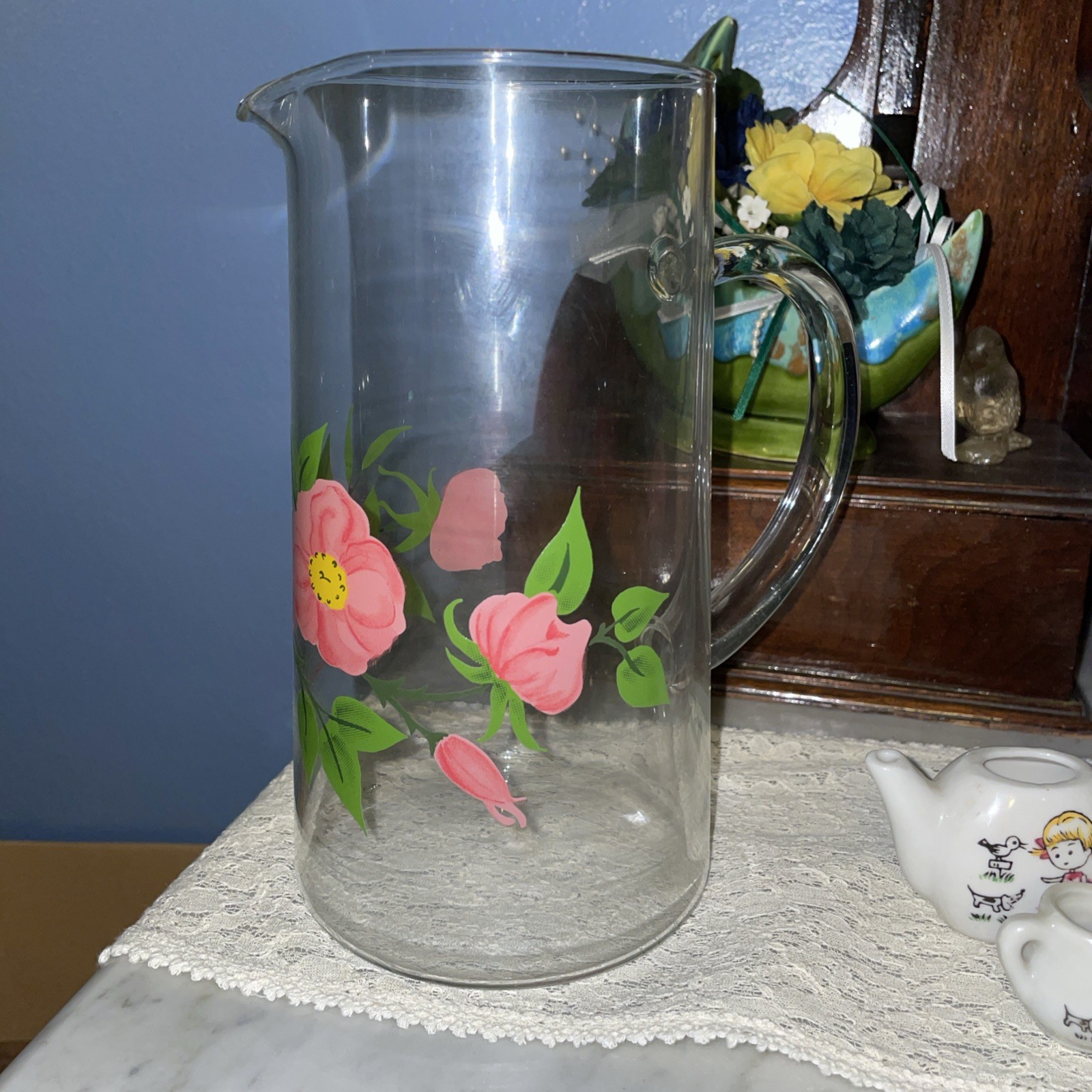 Vintage Franciscan Desert Rose Clear Glass Pink Flower 7.75 in Cocktail Pitcher