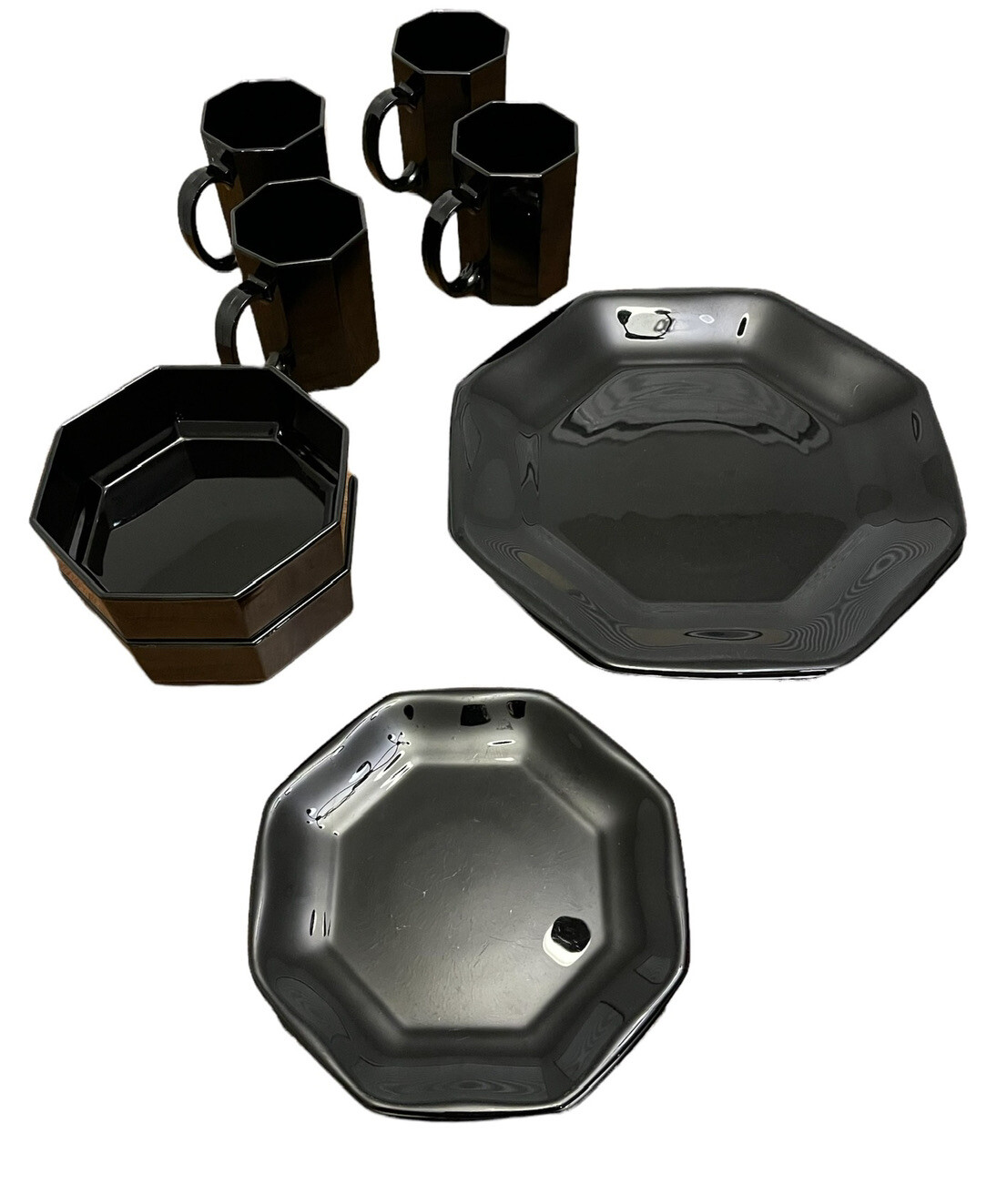 Lot of 12 Vintage FRANCE Black Octagon Set of Dishes Mugs Plates Bowls Dinner