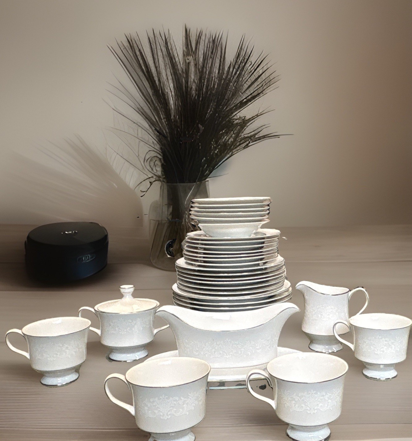 White Sango China Japan Set With White Engravings With Black Rims