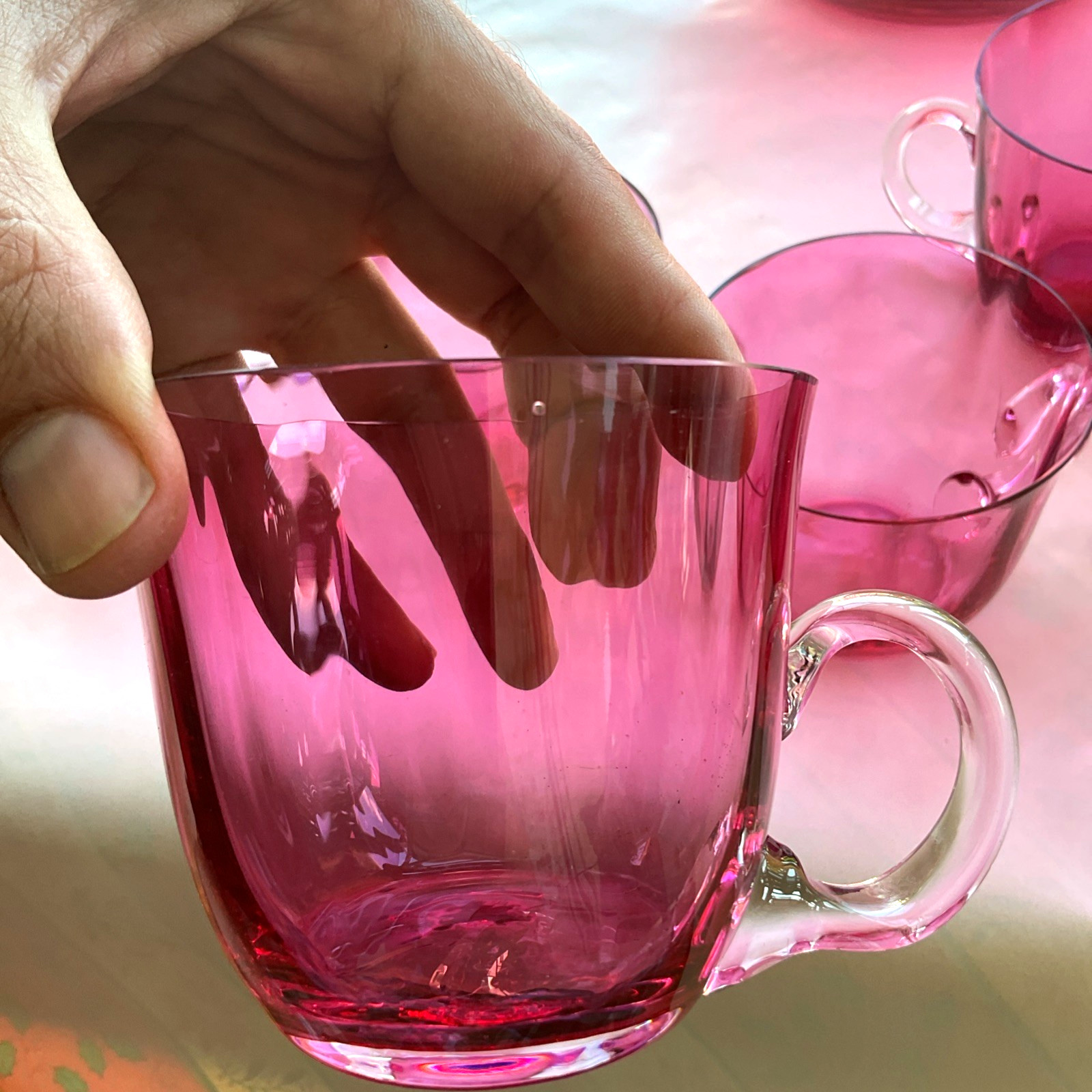 Antique Cranberry Pink Glass Punch Bowl Set w/ 10 Handled Cups Pilgrim Optic