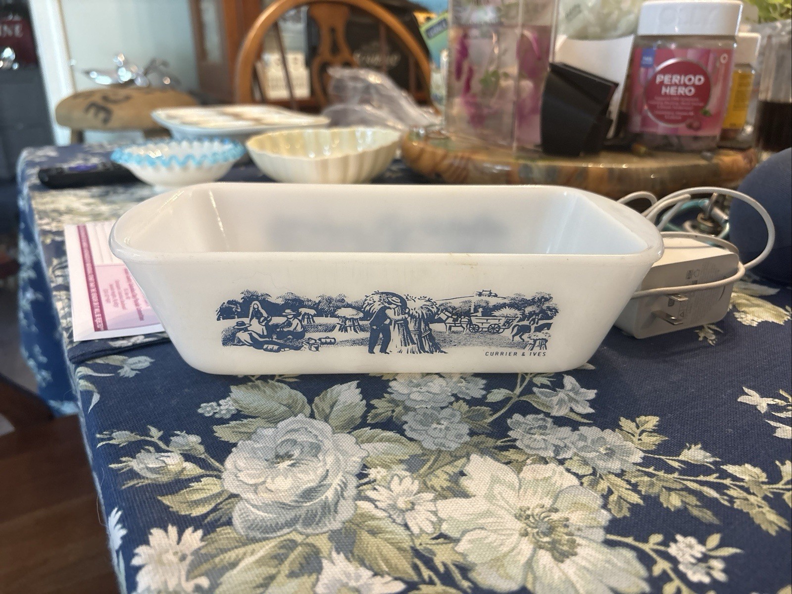 Vintage Glasbake Currier And Ives Baking Dish J-522 Loaf Pan Blue Farm Scene