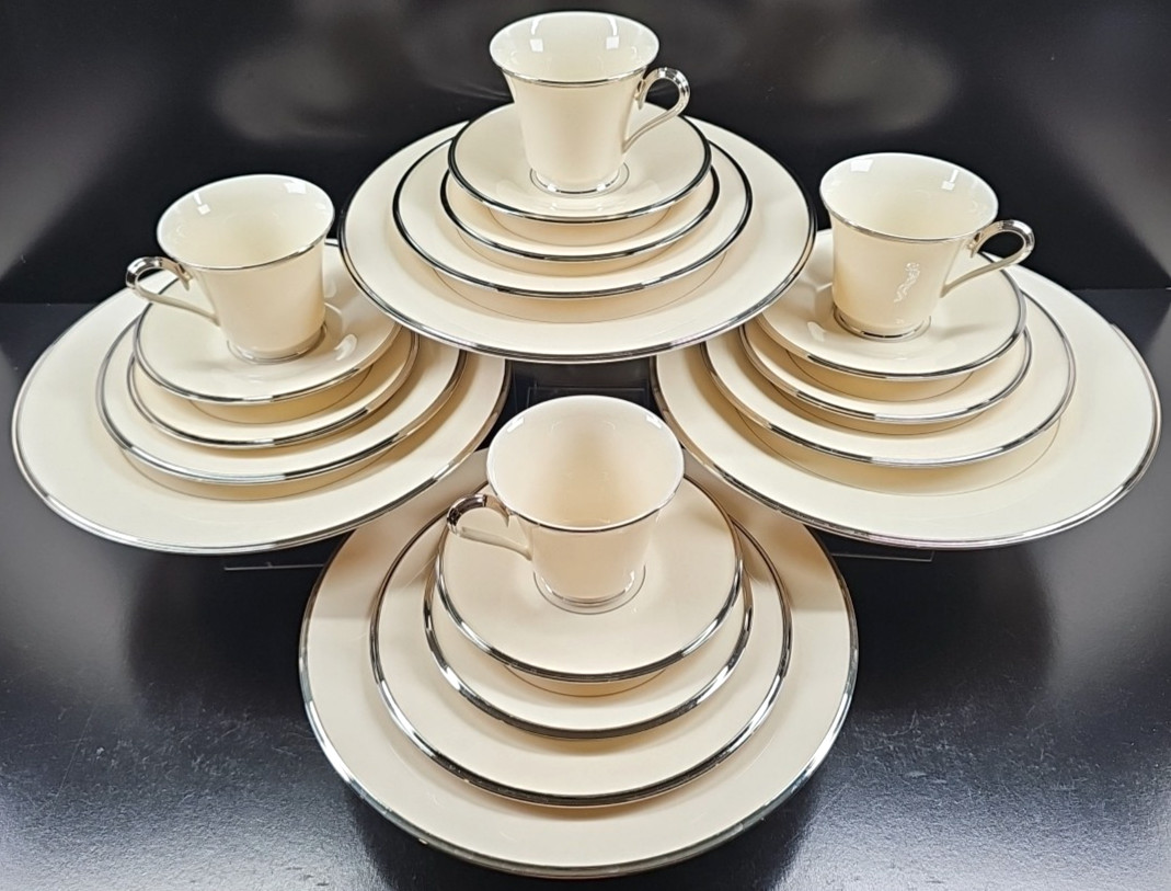 4) Lenox Solitaire 5 Pc Place Setting Vintage Elegant Platinum Dining Dishes Lot