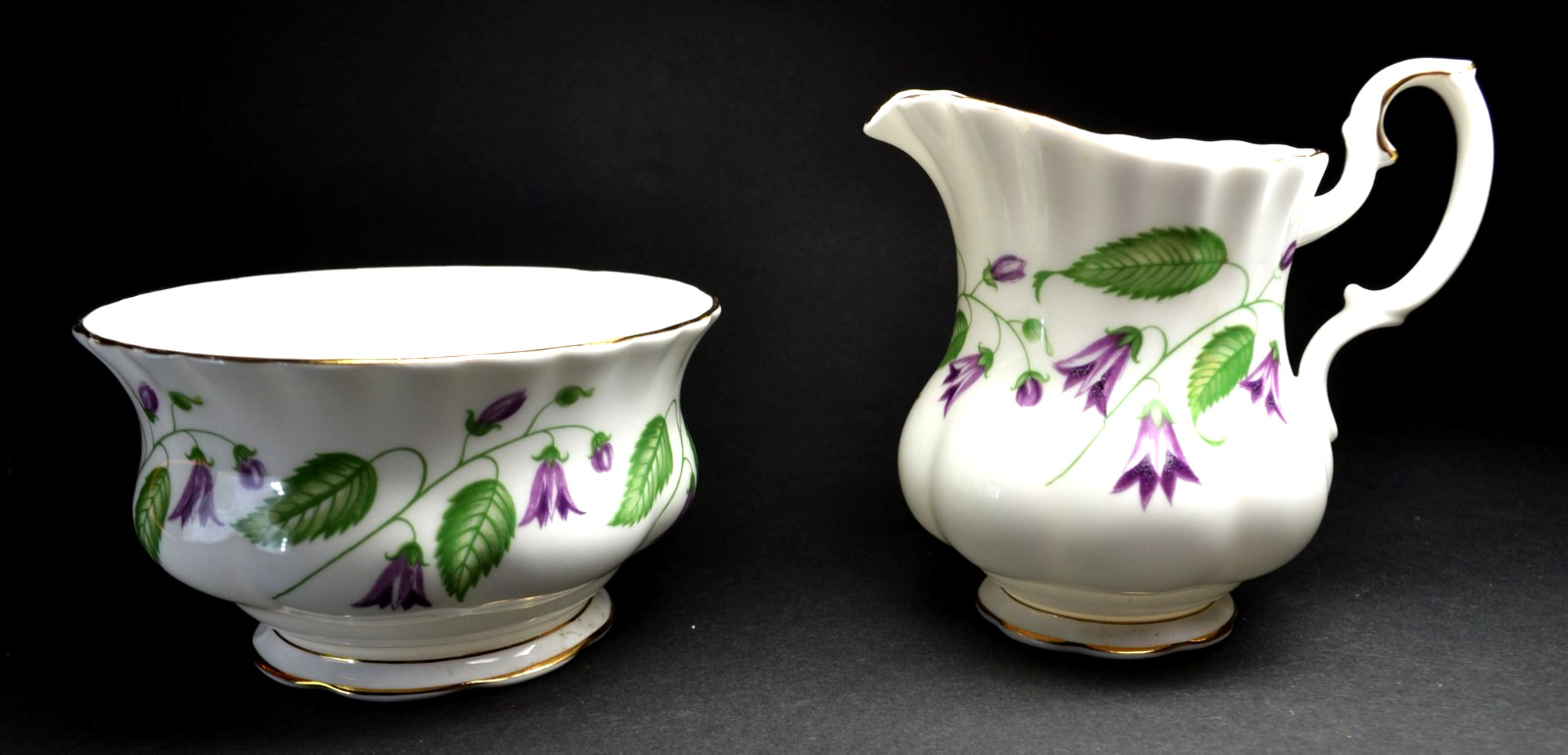 Vintage Royal Albert Bone China Creamer & Sugar Bowl Blue Bell Gold Trim England
