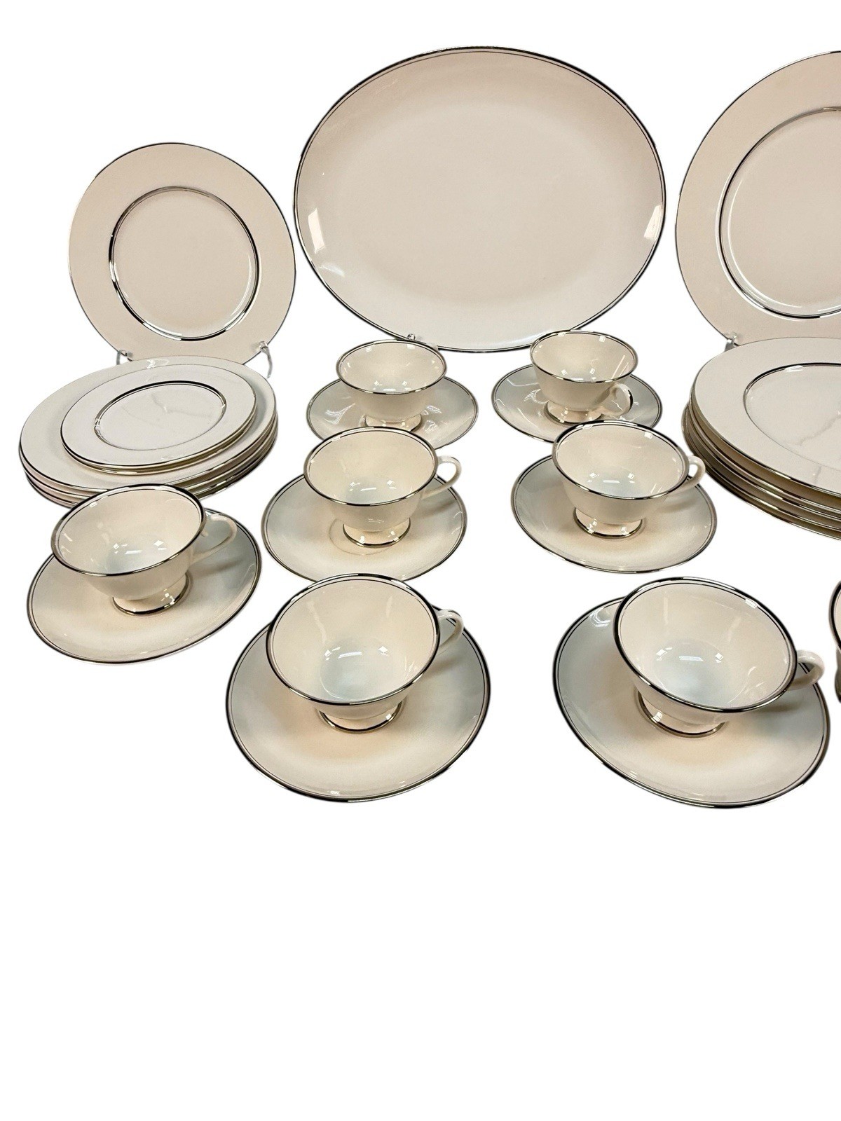 Vintage Flintridge China Mirador Bon-Lite Platinum Trim Dinnerware Set 29pc MCM