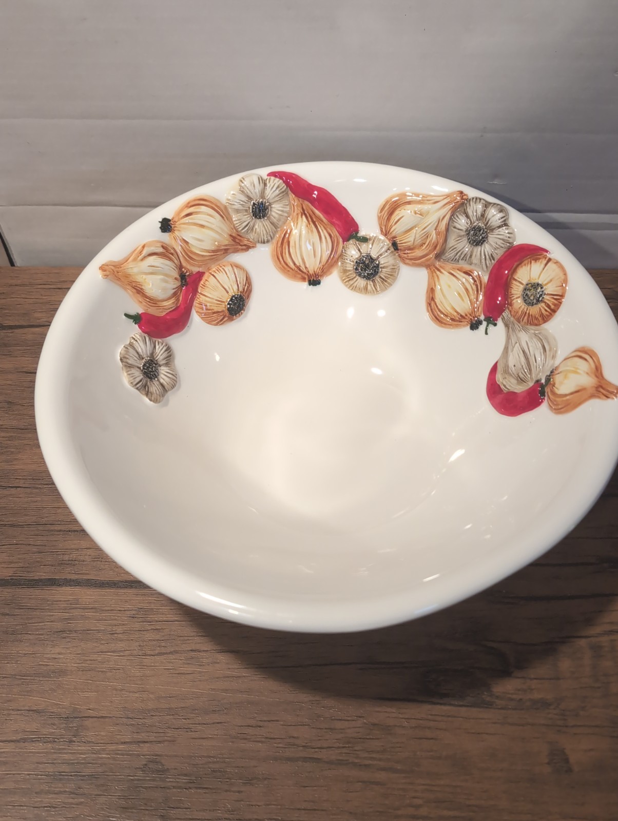 Vintage Italian Made Raised Peppers And Garlic, Onion, Ceramic Bowl 13 Inches