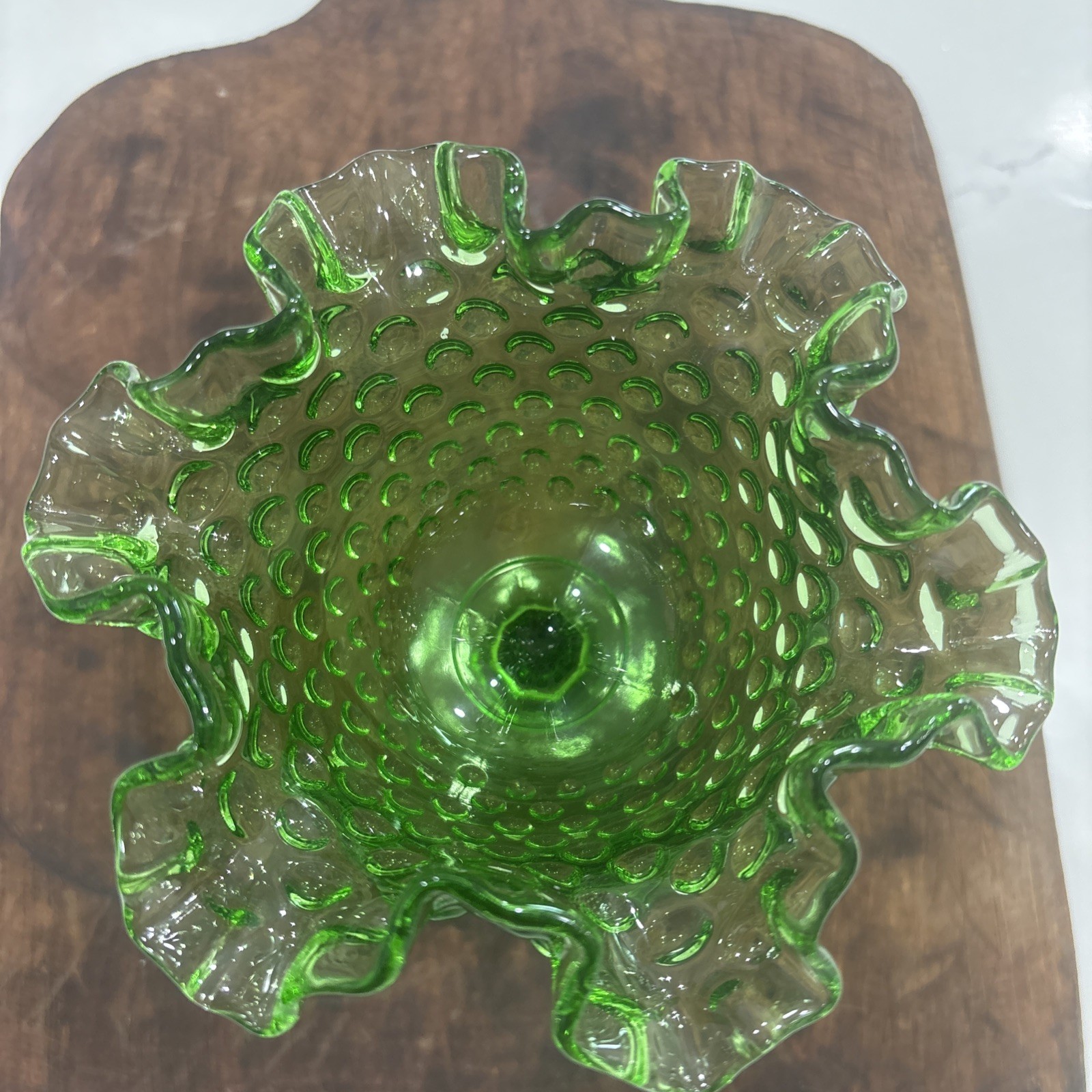 Fenton Green Hobnail Art Glass Pedestal Compote Bowl Glossy Decorative Round