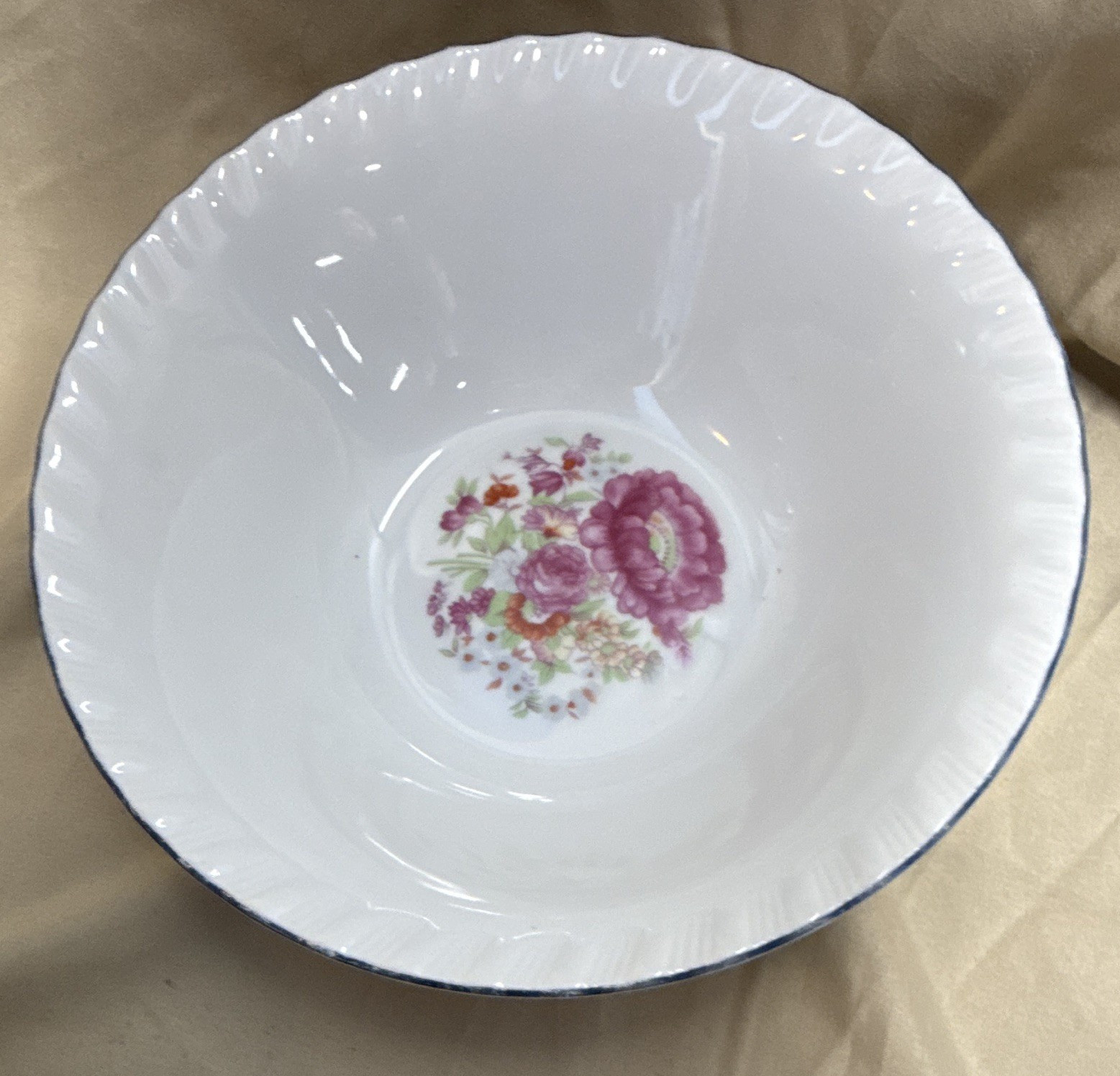 Unmarked Porcelain Floral Bowl White Pink Green Round Japan Printed Backstamp