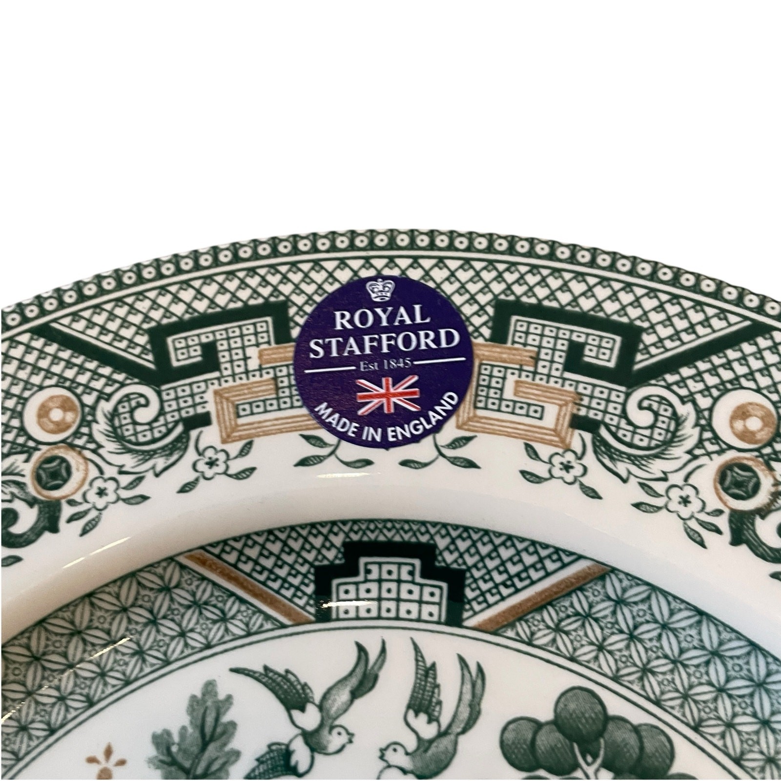 Royal Stafford Dinner Plates 11in Green & Gold Willow Pagoda Set of 4 New