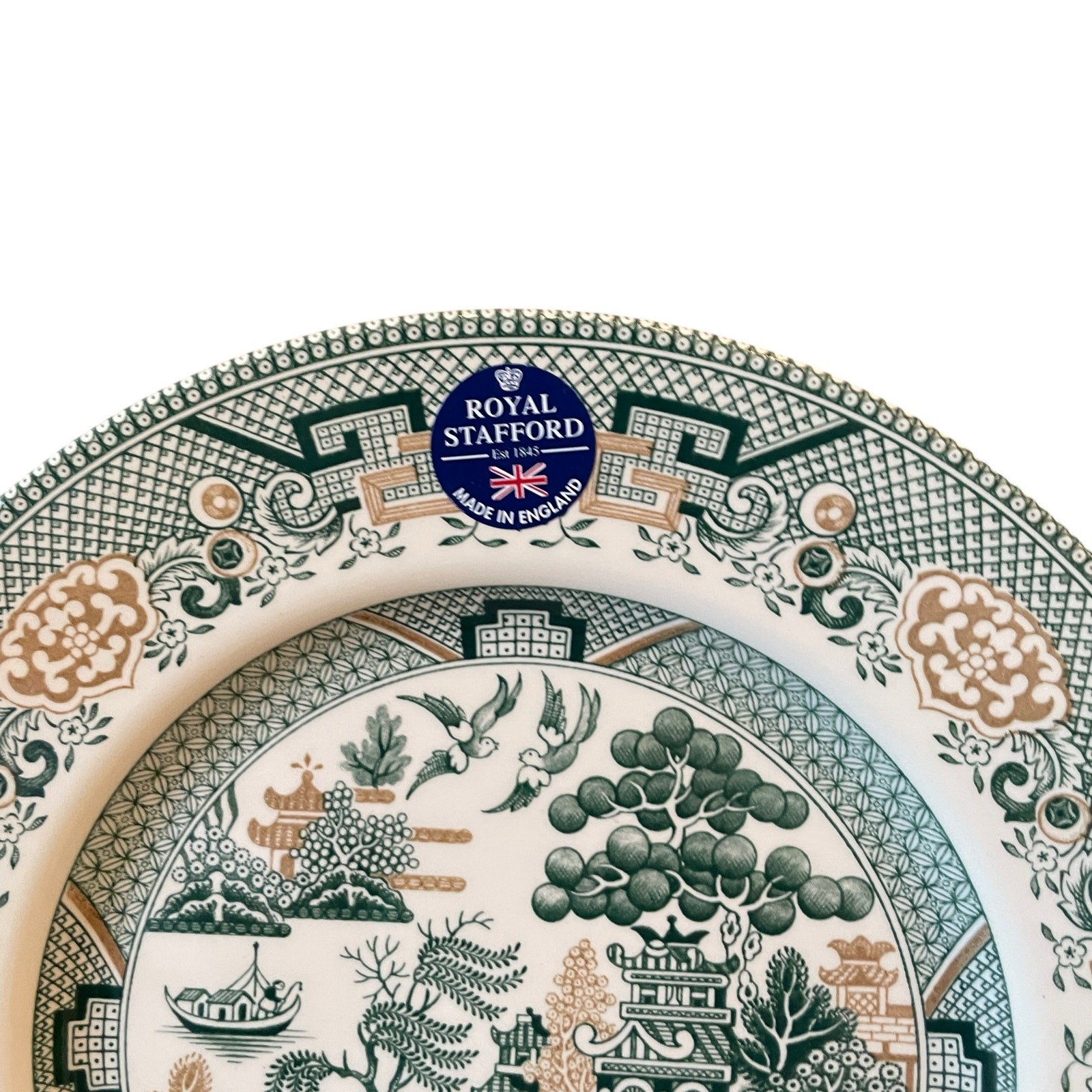 Royal Stafford Dinner Plates 11in Green & Gold Willow Pagoda Set of 4 New