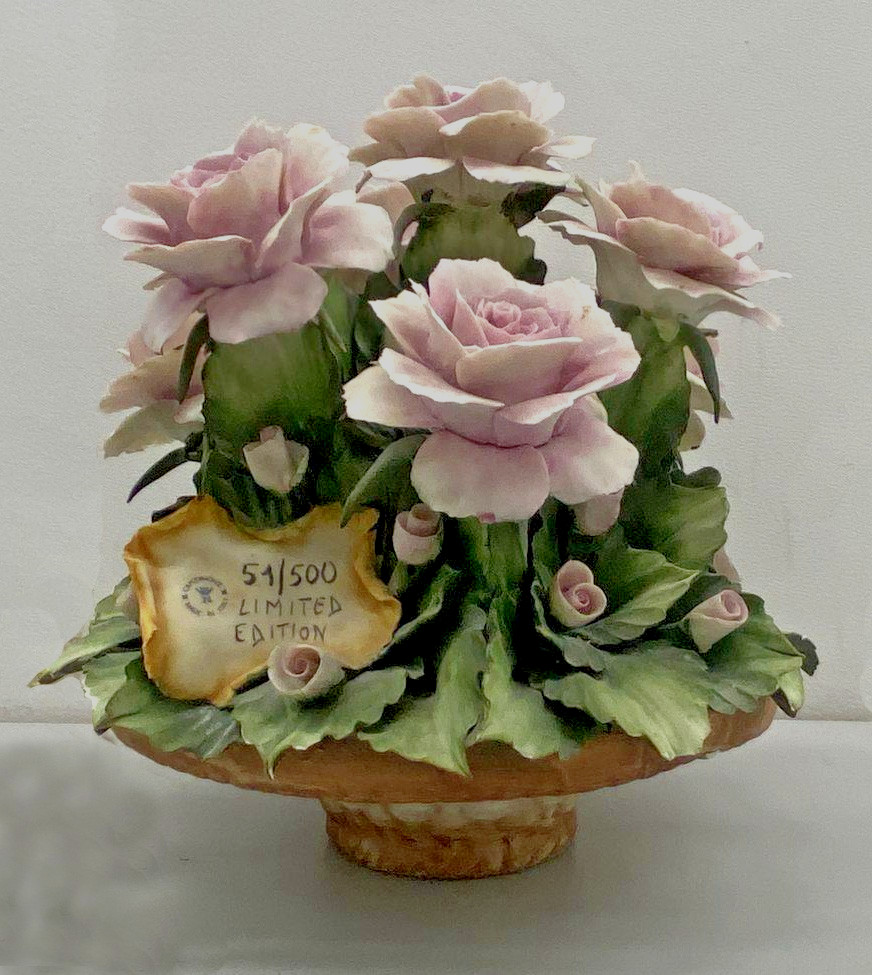 Vintage Capodimonte Rose Bouquet Centerpiece Basket Italian Porcelain