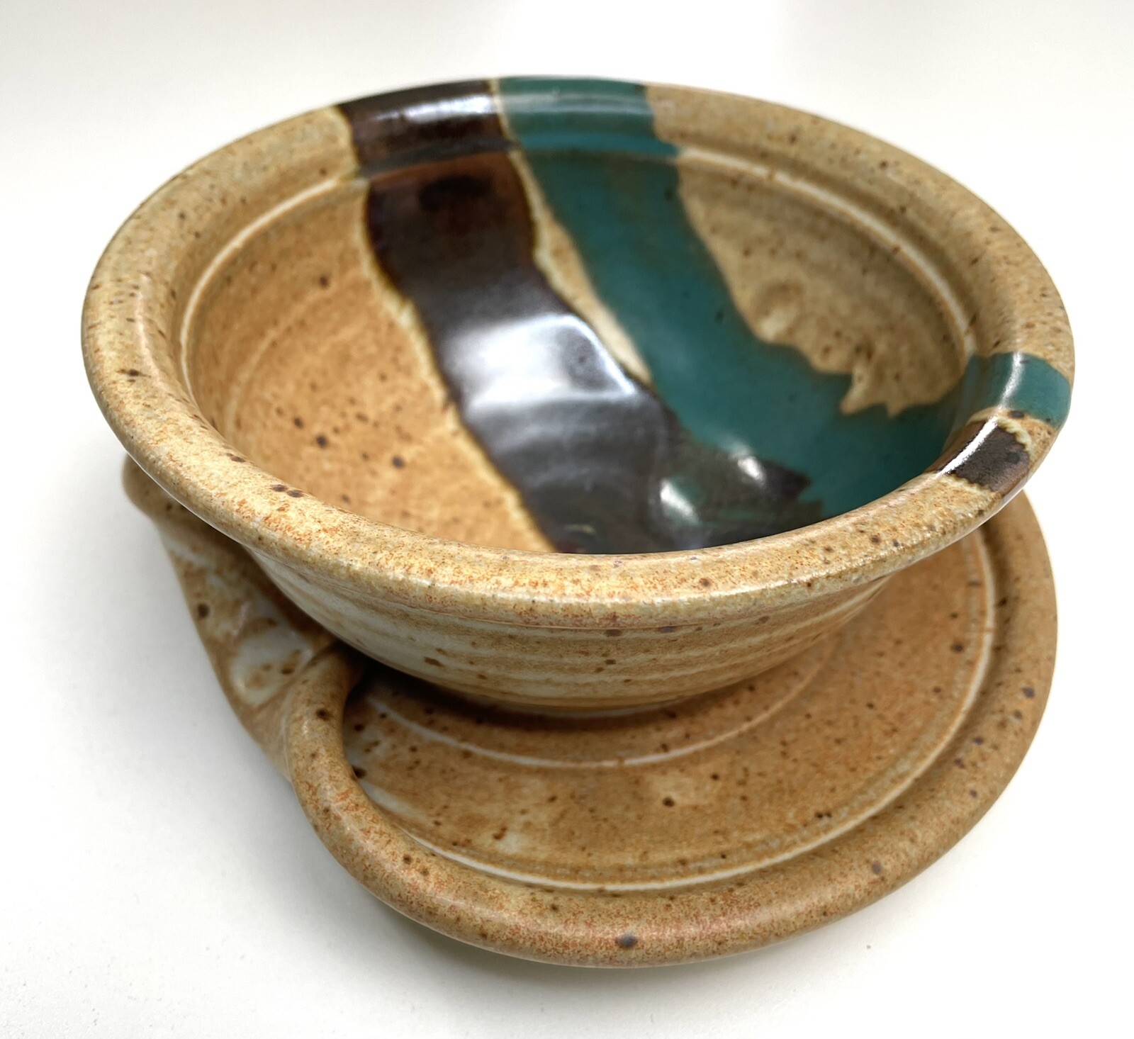 Vintage Drip Glaze Pottery Bowl with Attached Plate Signed
