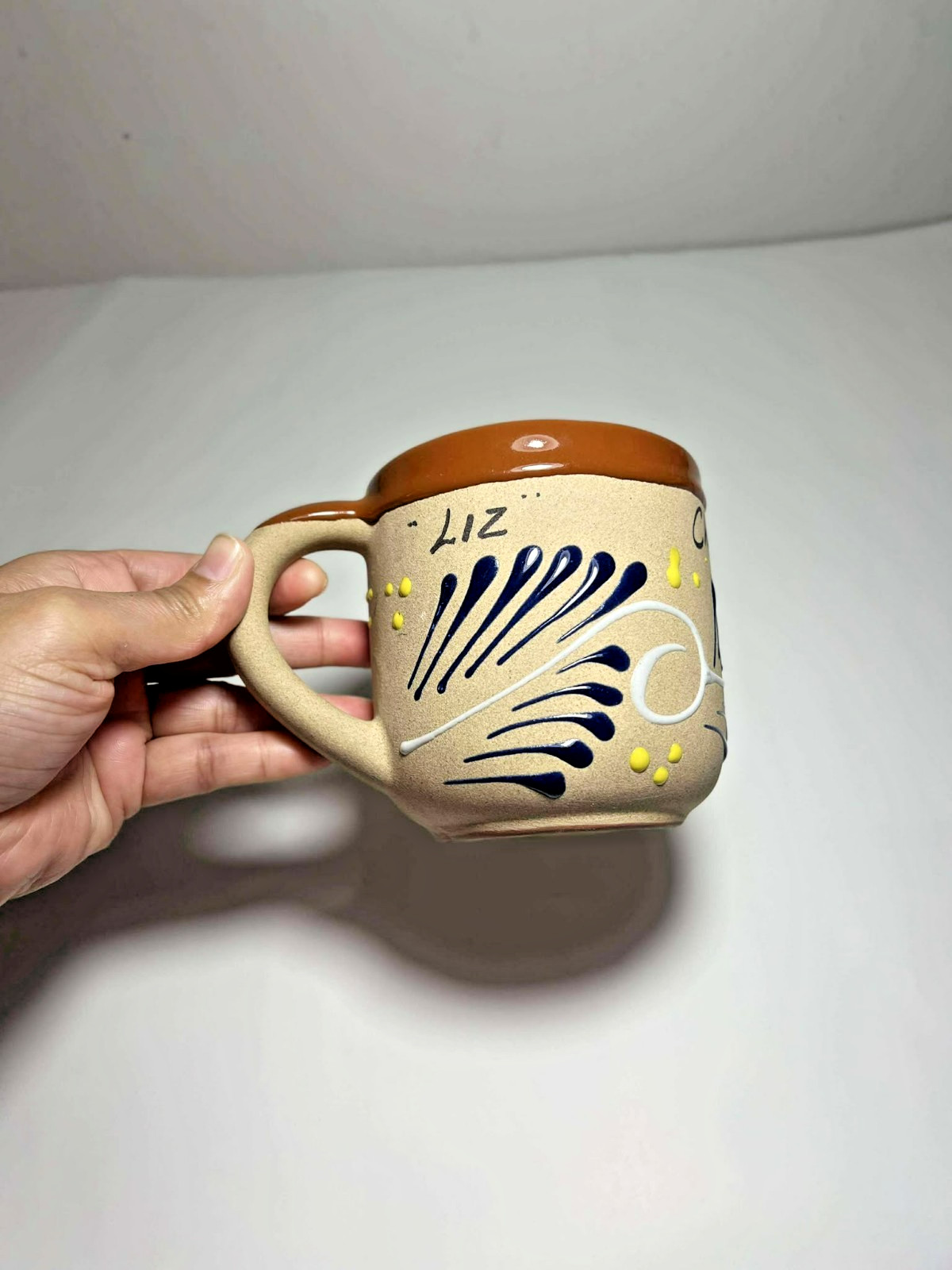 Mexican Pottery Mug/Cup, Small Beige Handmade Ceramic Chapala Design