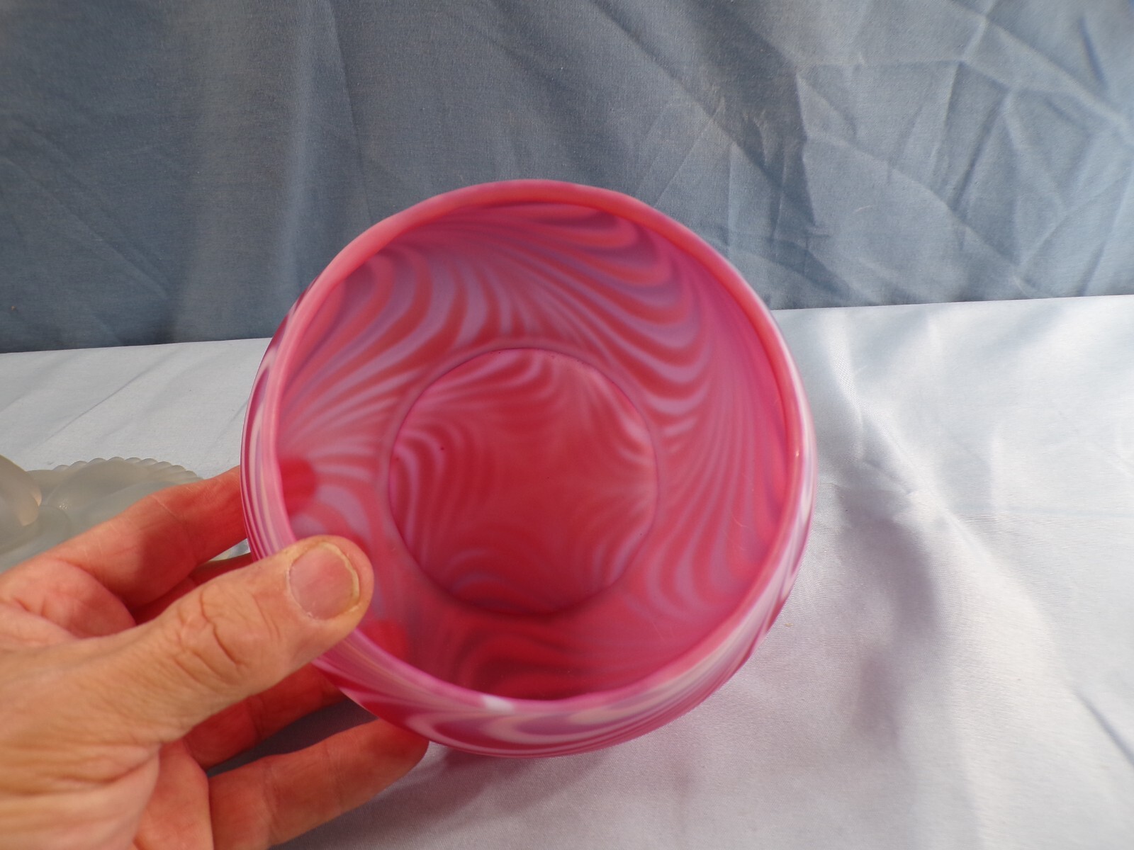 Fenton Cranberry Satin Glass Swirled Feather Candy Jar (Not Smaller Puff Box)