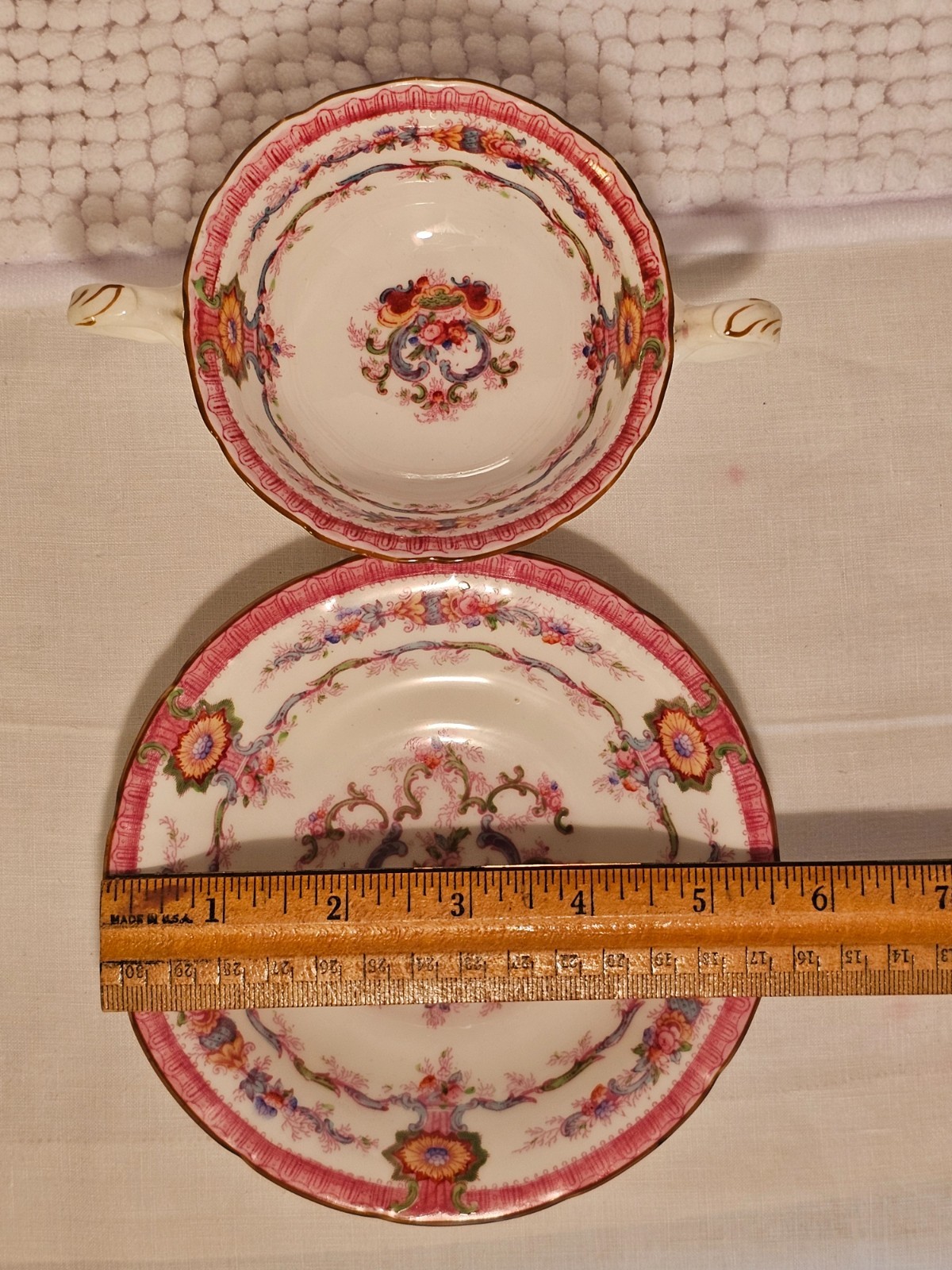 Bouillon cups w/ saucers, set of three, vintage china, Haviland, Cauldon, Pouyat