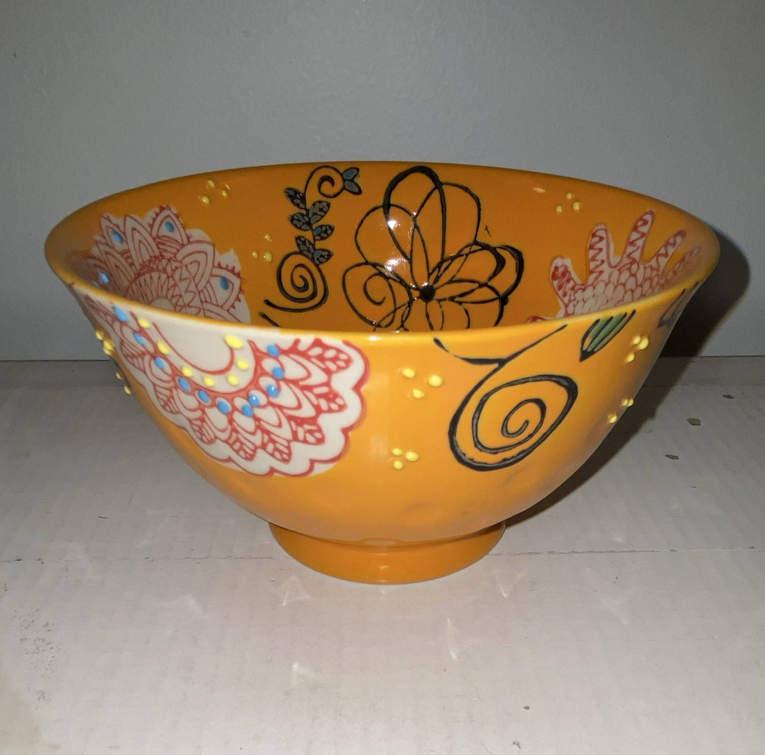 Yokohama Studio Hand Painted Orange/White Floral Ceramic Round Bowl, Glossy