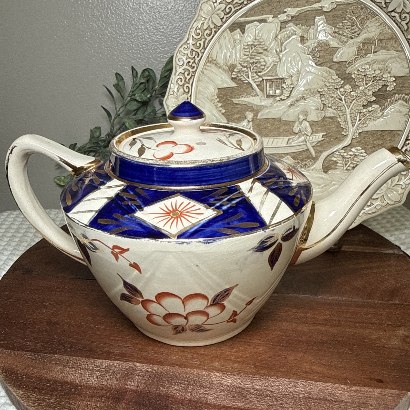 Sadler England Imari Floral Teapot Blue Rust Red Gold 10” Lid Chip Vintage