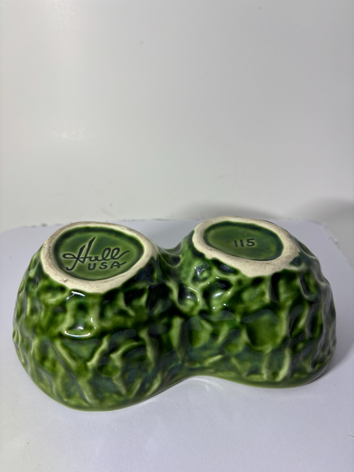 Vintage Hull USA Pottery Green Double Divided Dish Bowl 115 MCM Textured