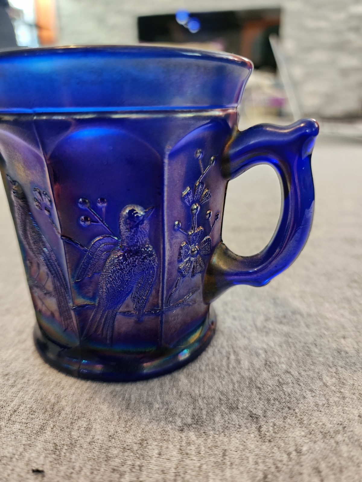 NORTHWOOD*MINT+PERFc1911″COBALT BLUE”CARNIVAL GLASS”SINGING BIRDS*MUG