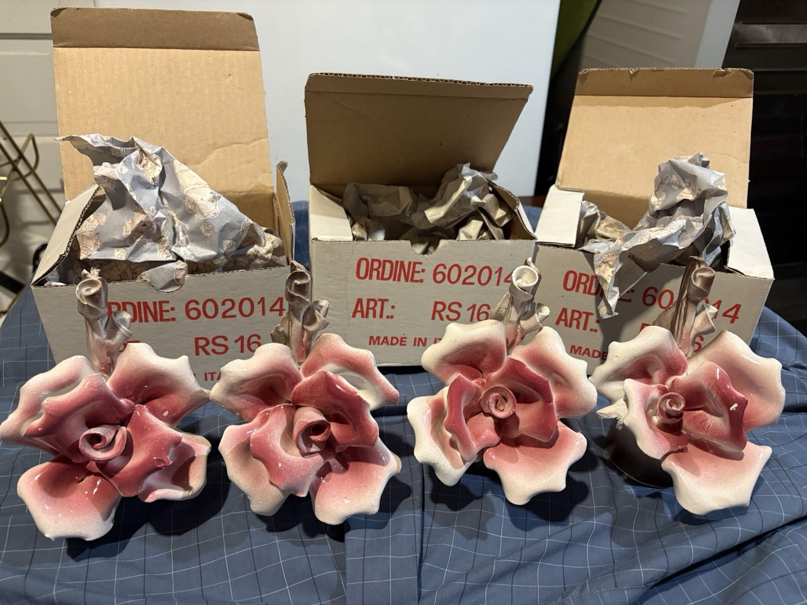 4 Vintage 1920’s Italian Capodimonte Flowers Roses Handmade In Italy