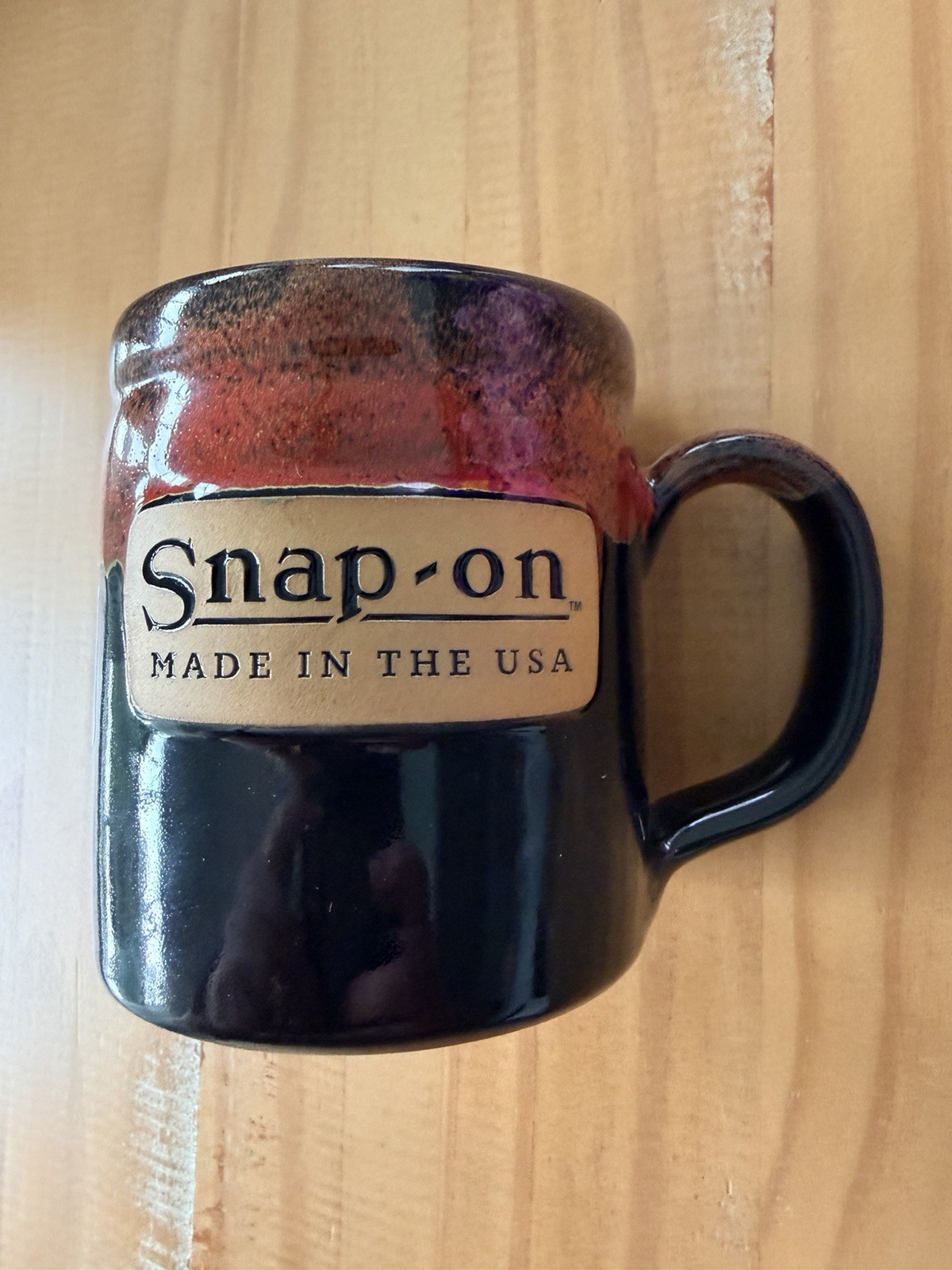 Snap-On Deneen Pottery Handmade Ceramic Coffee Mug 16 oz Red Drip Glaze USA