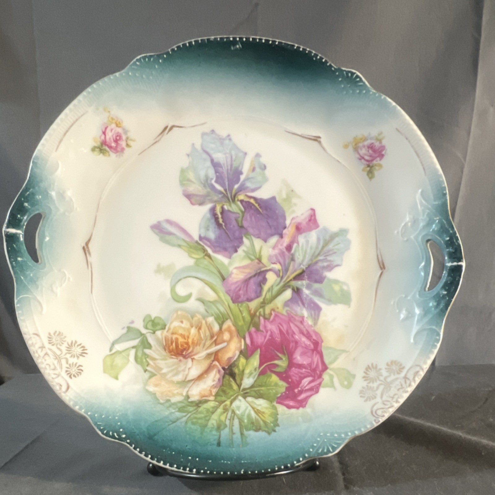Floral Round Handled Ceramic Platter Blue Rim Glossy Art Pottery MPN 52