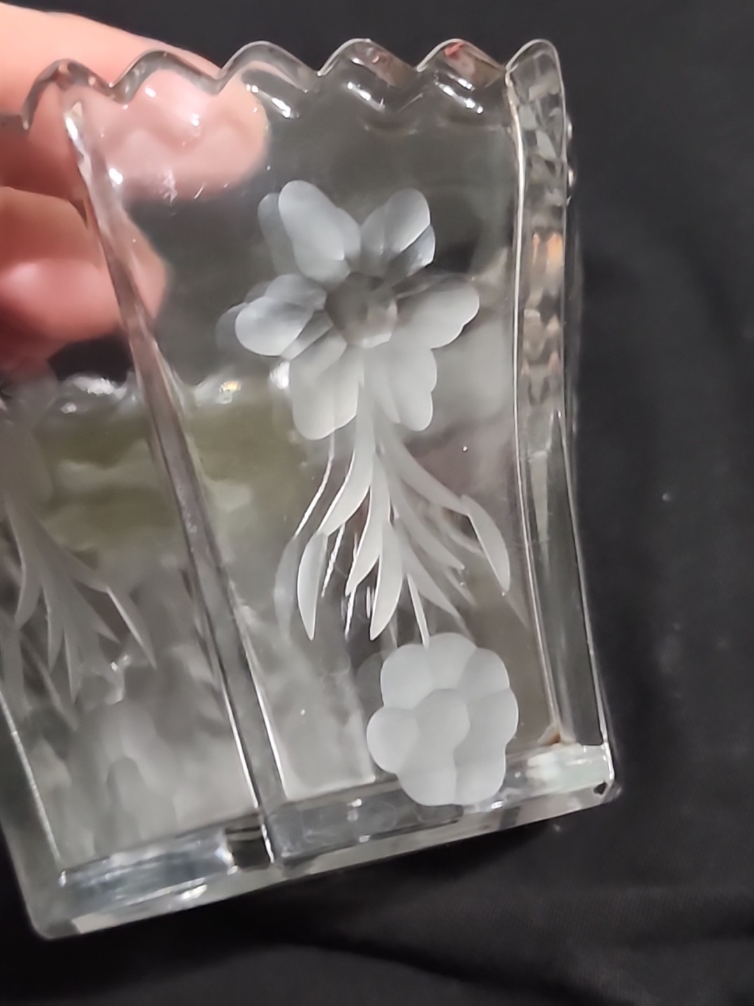 VTG FLORAL Etched GLASS Mayo Bowl Set Ladle Underplate SCALLOPED Hexagon Nice