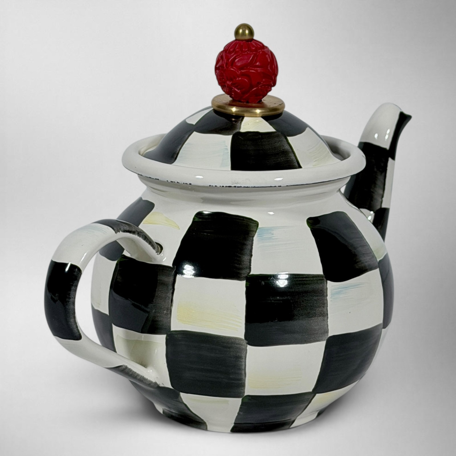 MacKenzie-Childs Courtly Check 4 Cup Enamel Teapot Red Finial Hand Painted
