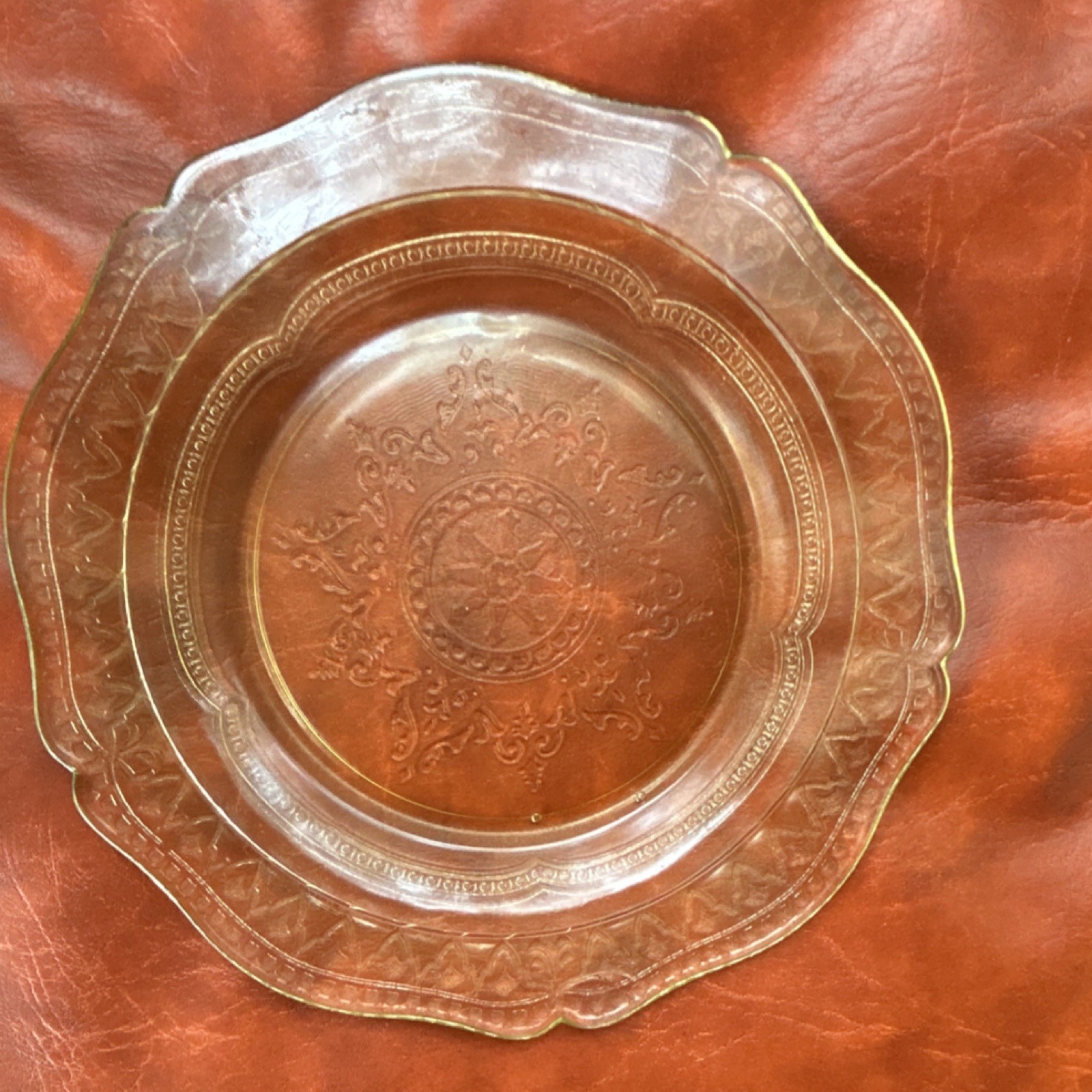 Clear Pressed Glass Floral Round Plate, Embossed Center, Scalloped Rim
