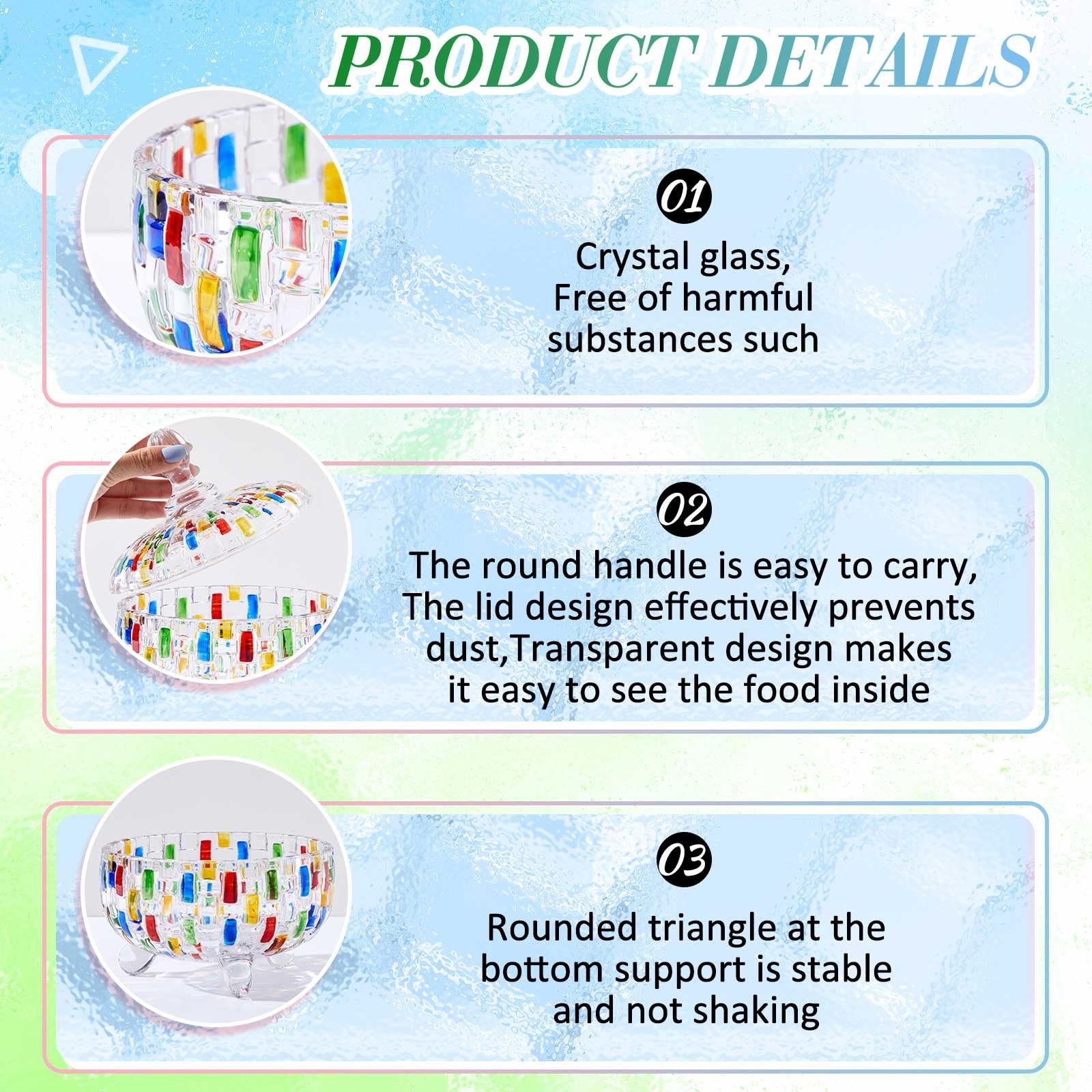 2 Pcs Colorful Crystal Candy Jars, 24oz Large Cute Glass Candy Dishes with Li…