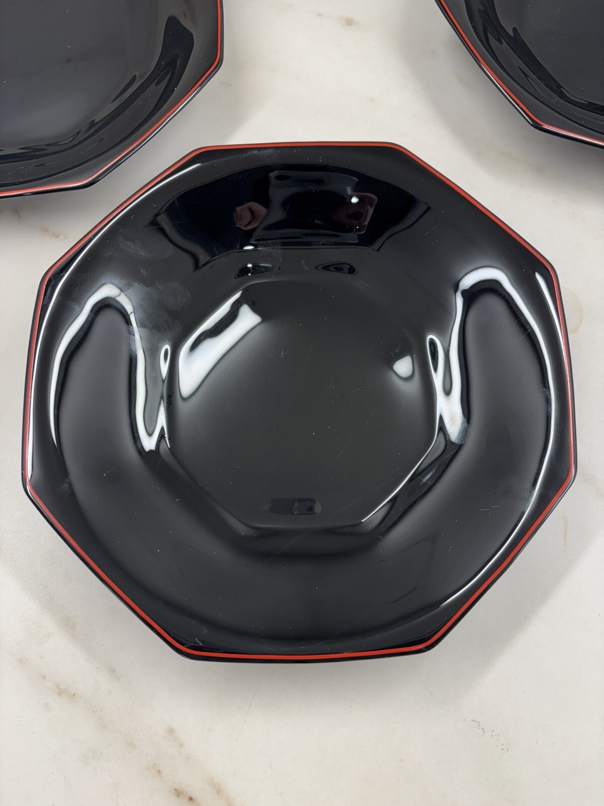 6 Vintage ARCOROC Octime Black Hollow Plates With Red Trim