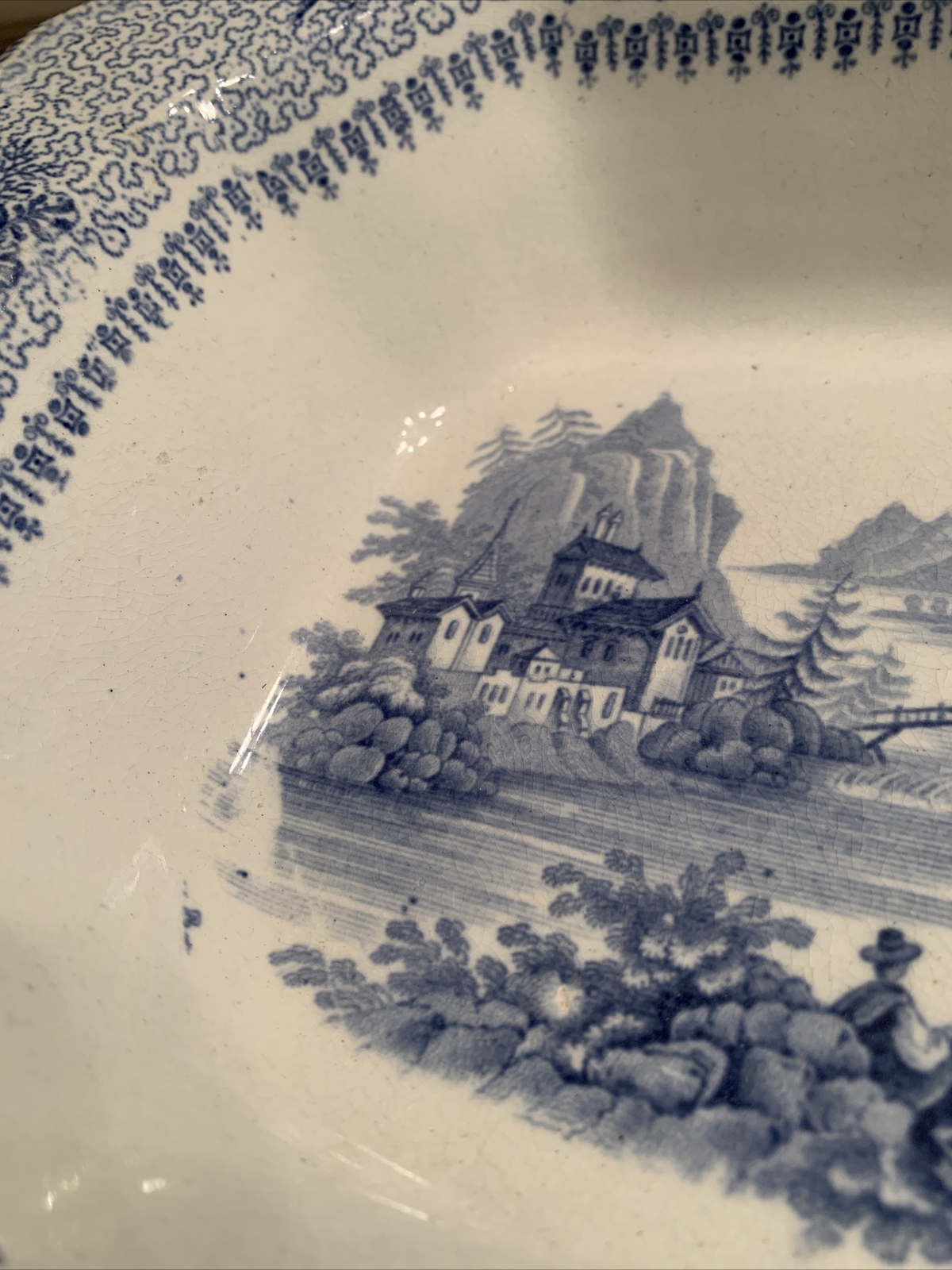 Lucern China Blue & White Lucern Bowl- Outdoor Scene- Man/Women-11 X 9 X 2.