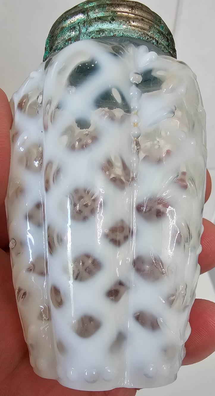EAPG Victorian Glass Salt Pepper Shaker Opalescent White Ribbed Lattice
