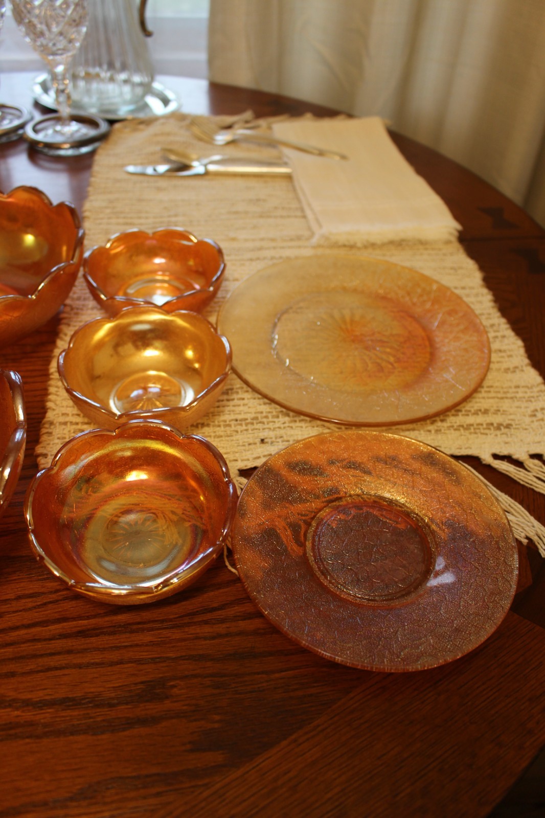 Jeannette Crackle Marigold Carnival Glass Lot Bowls Plates Goblet Candy Dish