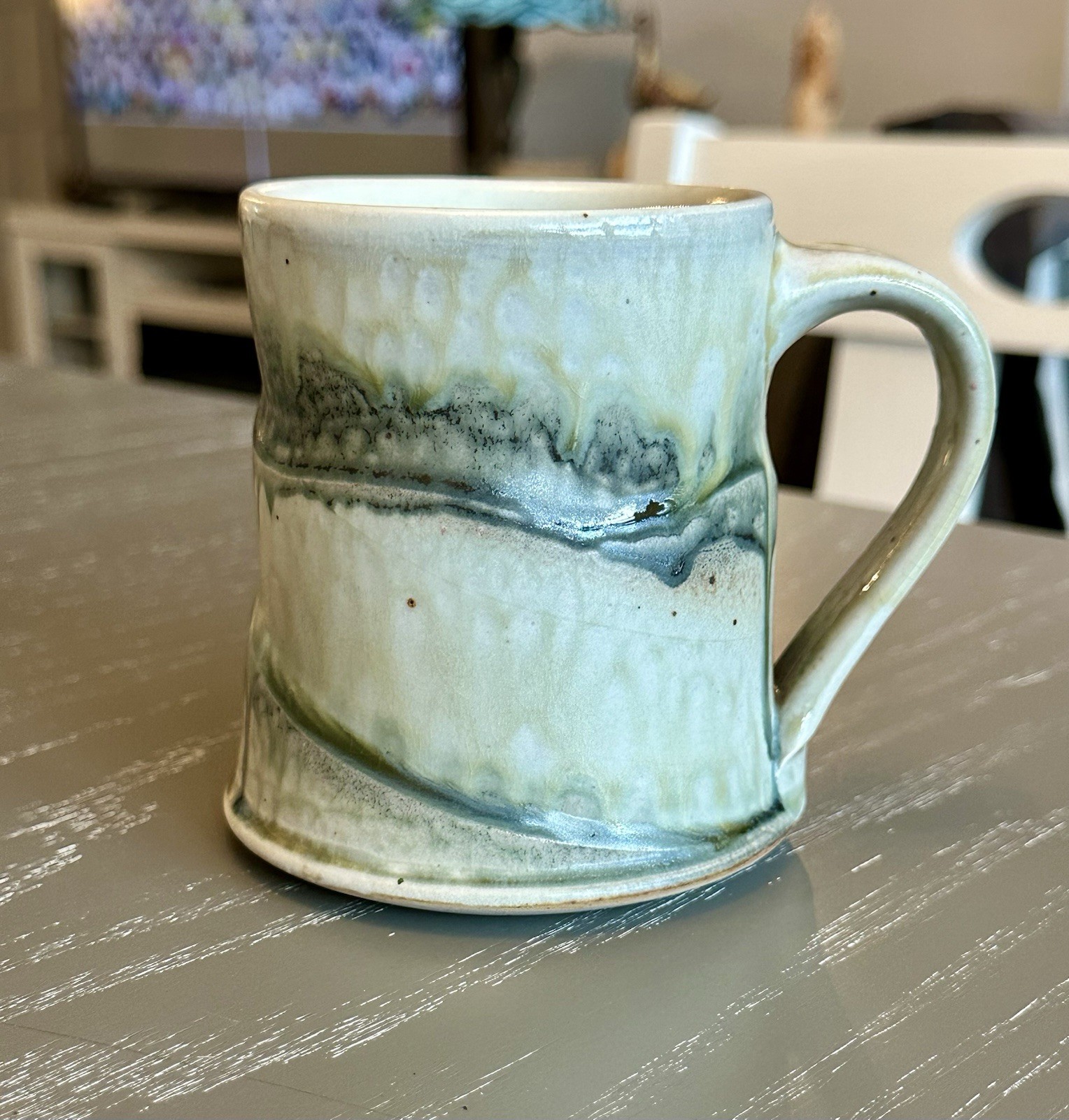 Studio Art Pottery Mugs Set Of Two Earthy Green Drip Glaze Signed Charlie Tefft