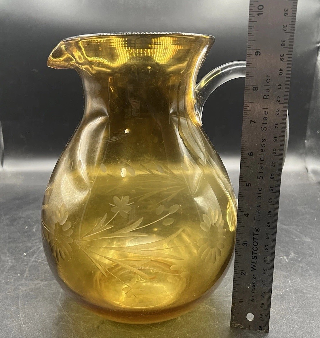 Pitcher Hand Blown Etched Glass Amber Applied Handle MCM 9.5” Vintage