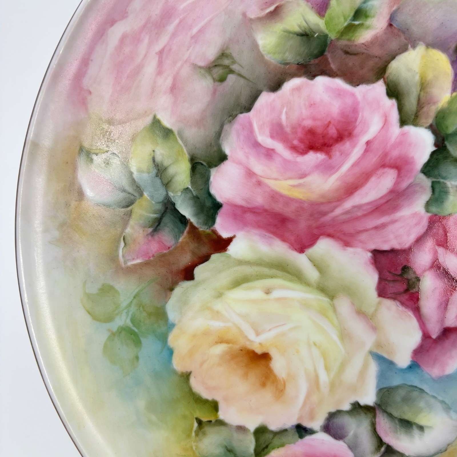 Vintage Tirschenreuth Germany Porcelain Roses Gold Rim Charger Plate 13.5″