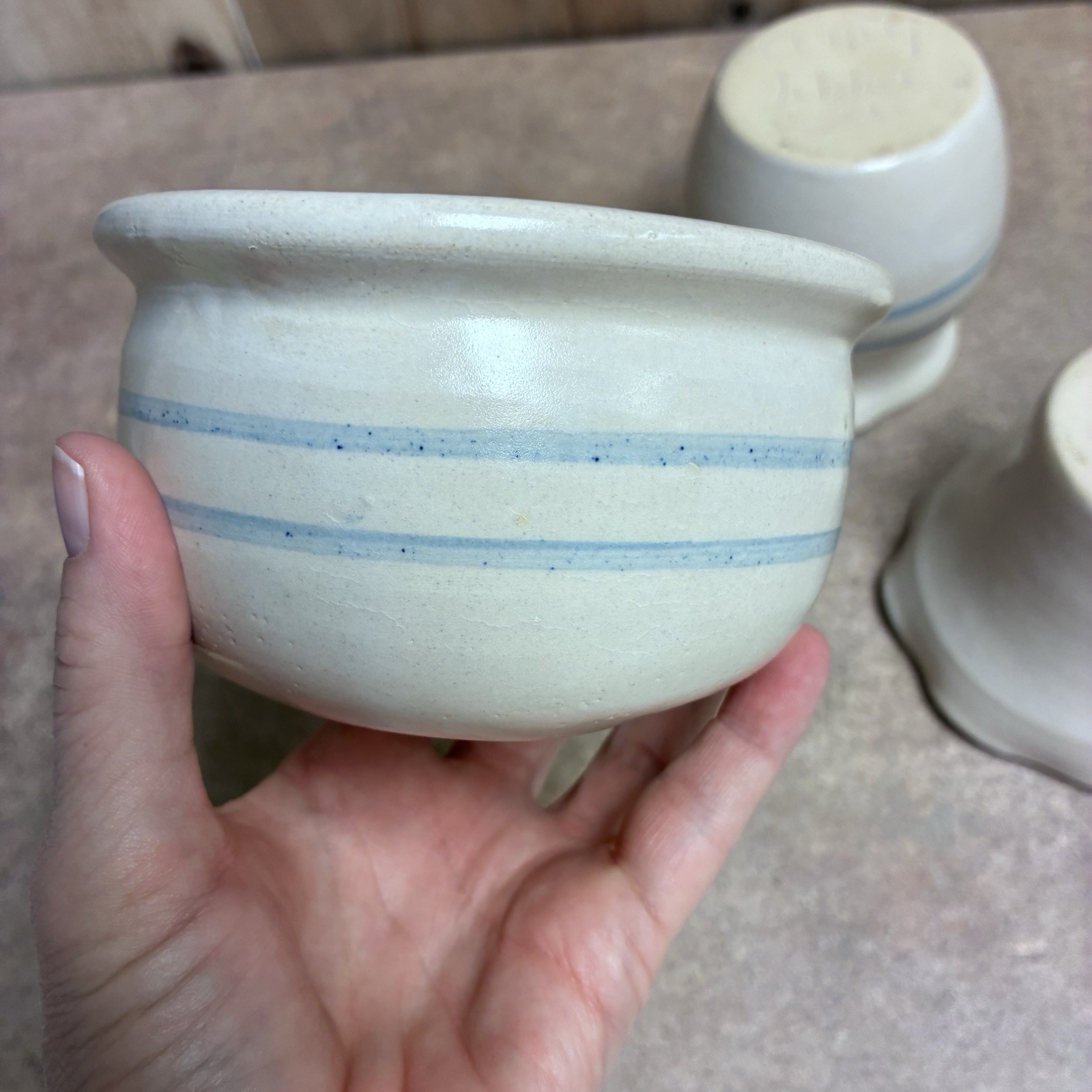 3 Pc Amy Tibbit Studio Art Pottery White Blue Rim Heart & Ripple Bowls & Pitcher