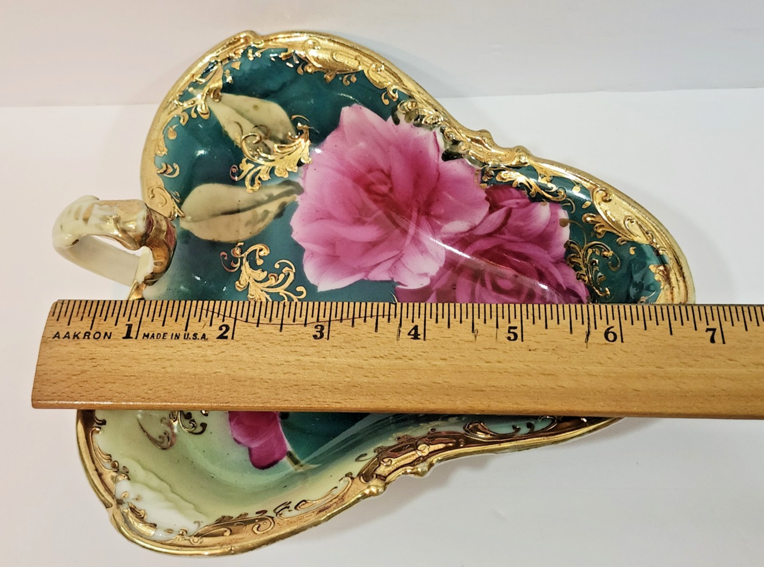 Antique Nippon Hand Painted Roses Nappy Candy Dish Lemon Server Teal Pink Gold