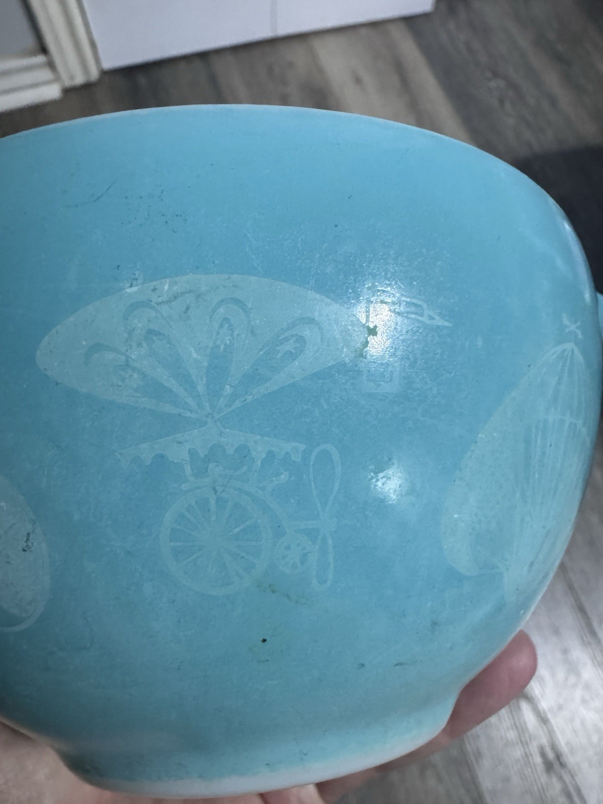 Vtg Pyrex Hot Air Balloons Cinderella Dip Bowl #441 Small 1 1/2 pint Flying Bike