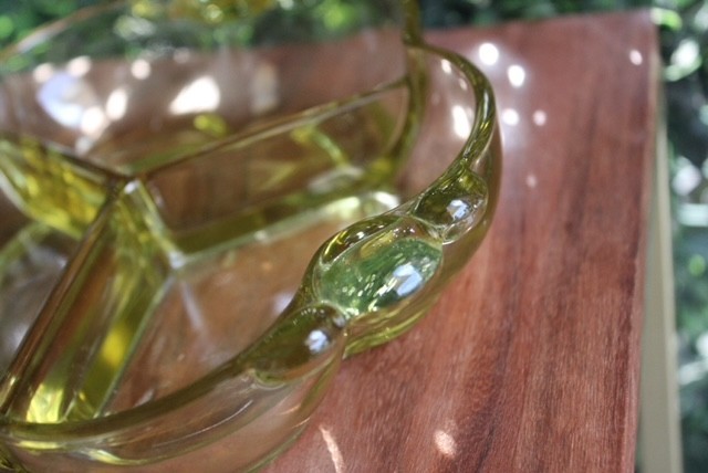 Vintage Avocado Green Glass 3-Part Relish Dish Divided Appetizer Tray