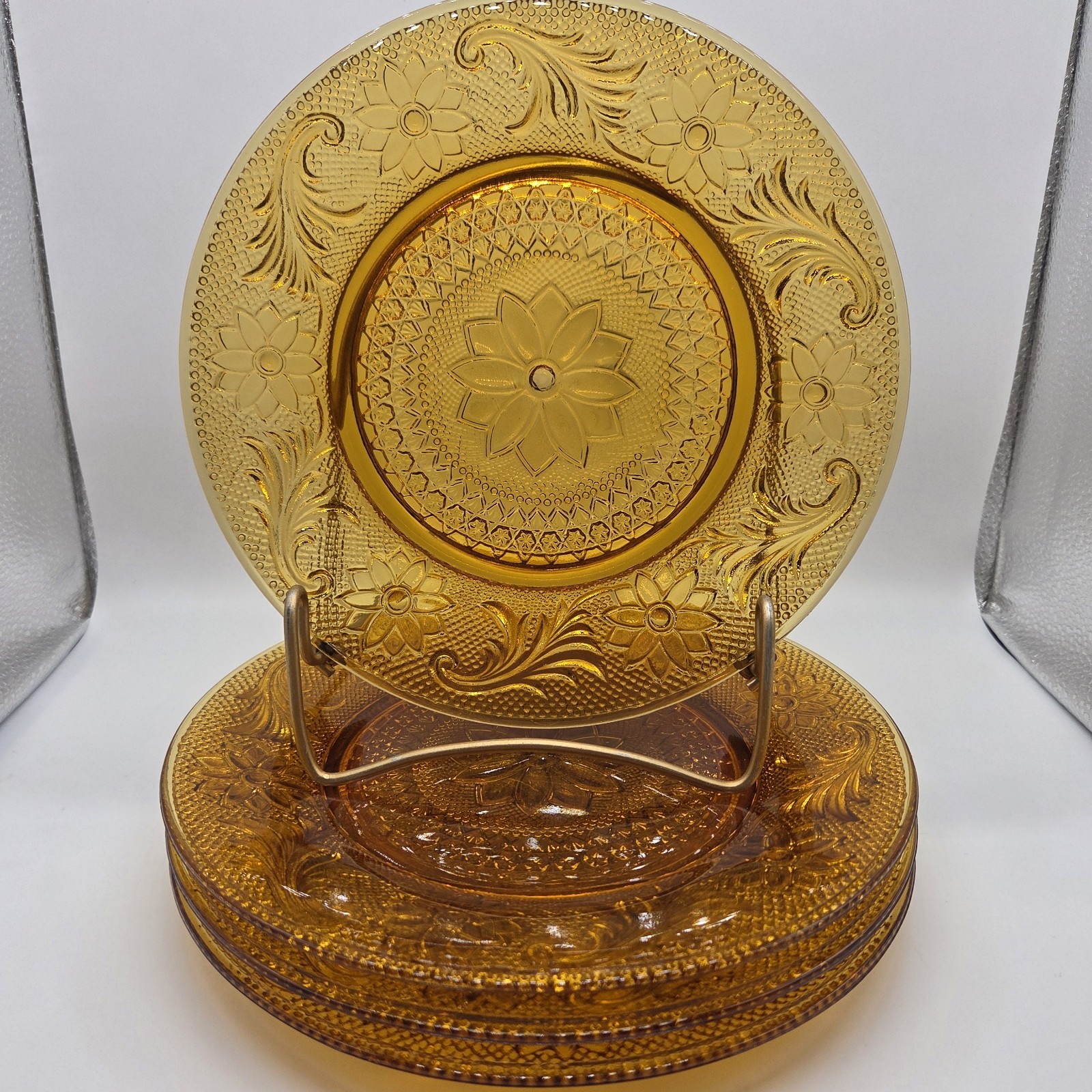 Set of 4 Vintage Tiara Amber Indiana Glass Sandwich Salad Plates