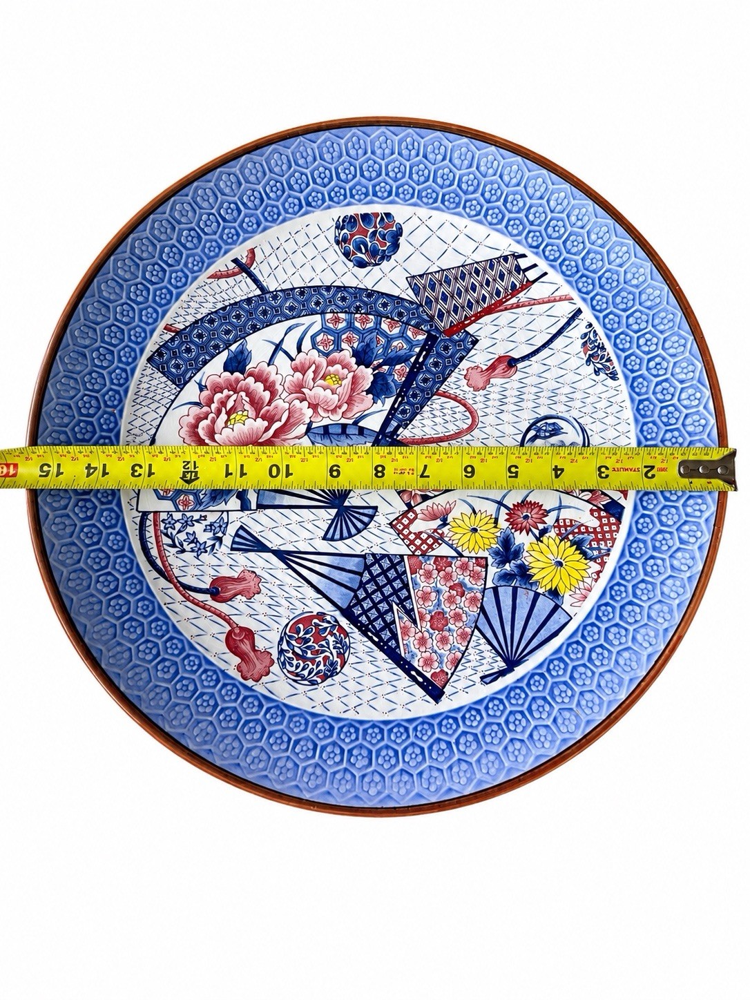 Blue & White Floral Fan Decorative Plate 14” Round Glossy Ceramic