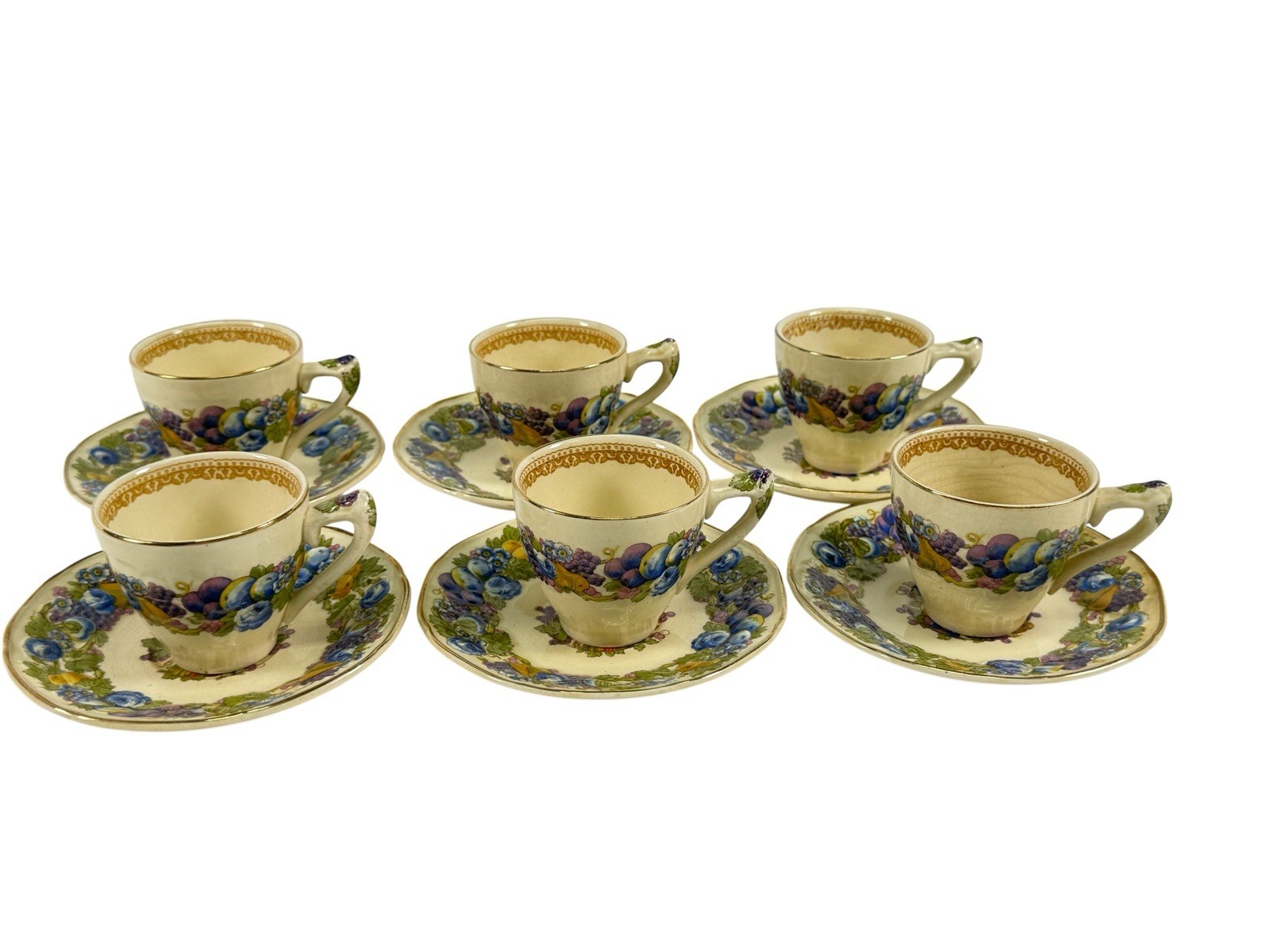 Vintage Crown Ducal Florentine Tea Set of 6 Cups & Saucers Made in England 1954