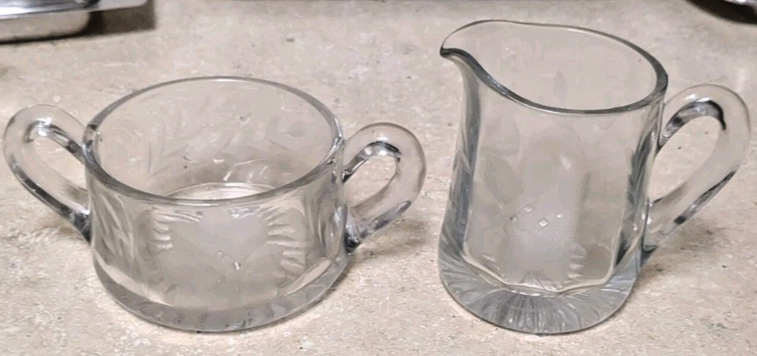 Vintage Creamer and sugar bowl, matching etched glass, heavy crystal.