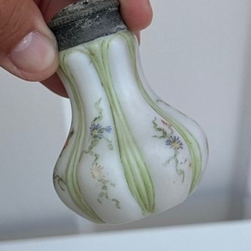 Antique Victorian Milk Glass Sugar Shaker Hand Painted Floral Muffineer Sifter