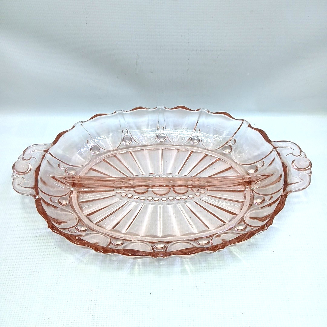 Vintage Pink Depression Glass Divided Relish Serving Tray 8″ X 12″ Handles