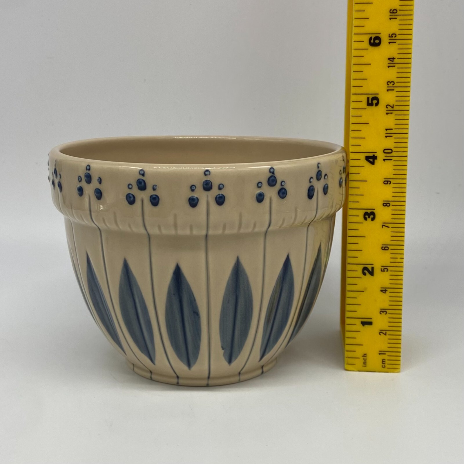 2001 Tender Heart Treasures Blue Tan Mixing Serving Bowl Floral Leaf Ceramic