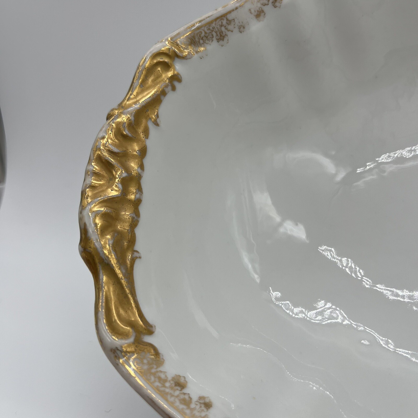 TWO Gorgeous White with Gold Trim T&V France Oval Serving Bowls 10” x 7.75”