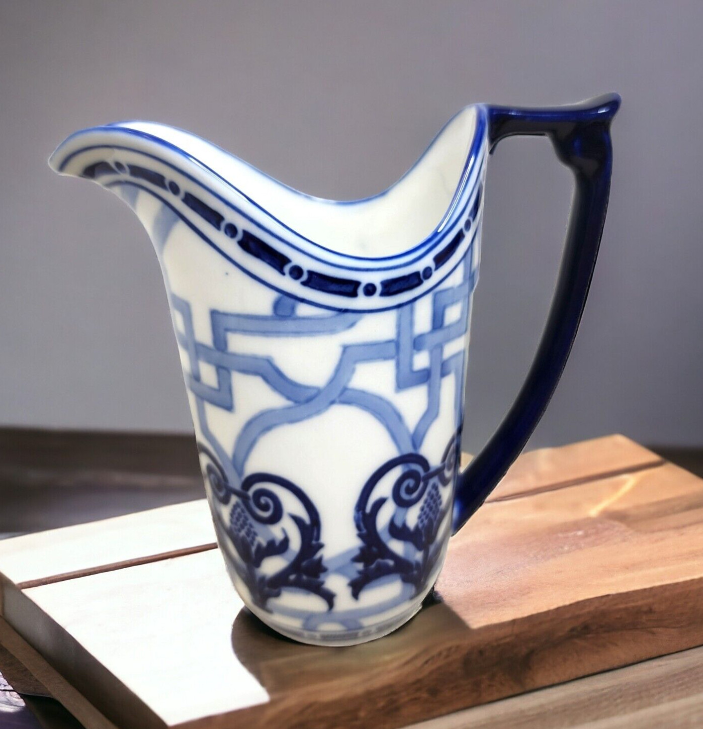 Windsor Bombay Creamer White Blue Bands Floral Scrolls Vintage Retired 10 ounces