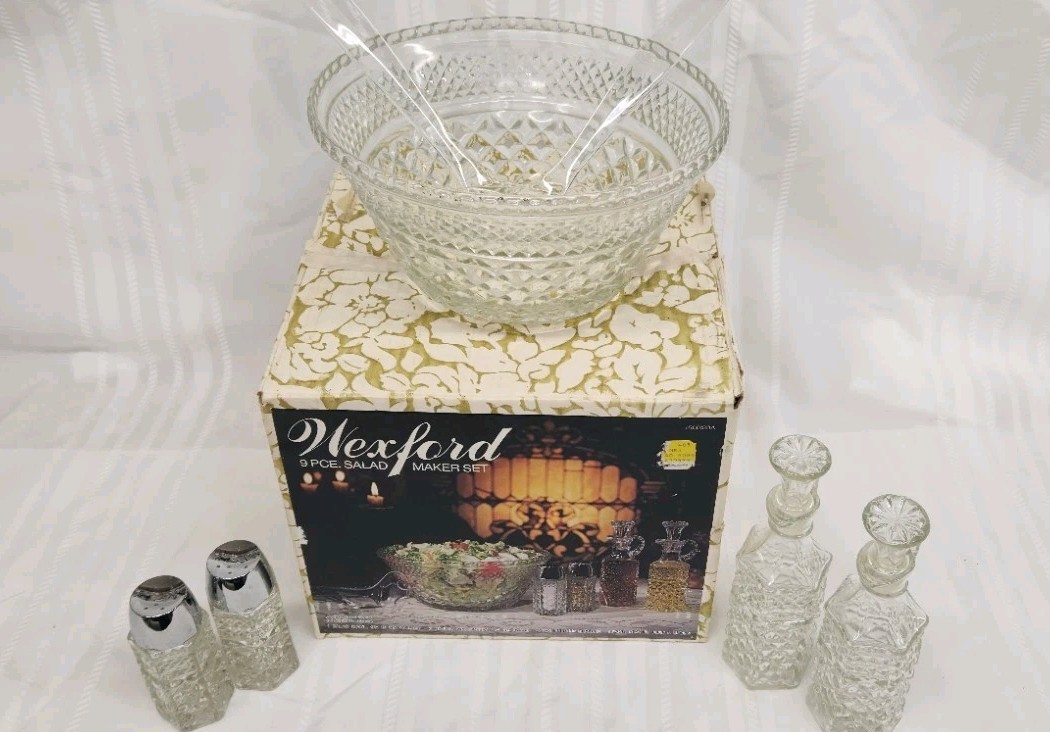Vintage 1974 Anchor Hocking Wexford 9 Pc Salad Maker Set Glass Bowl Cruets MIB